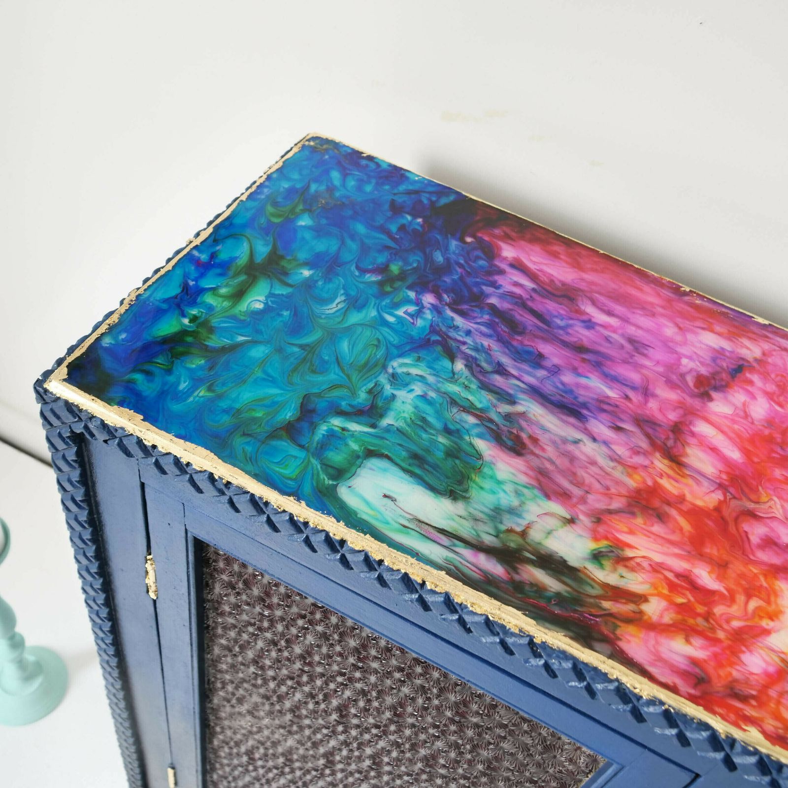 Display Cabinet   Blue Cocktail Bar   Teal Shelves   Gold Leaf Hand Painted   Bespoke   Resin   Colourful Abstract Bar  Unique Furniture photo buy