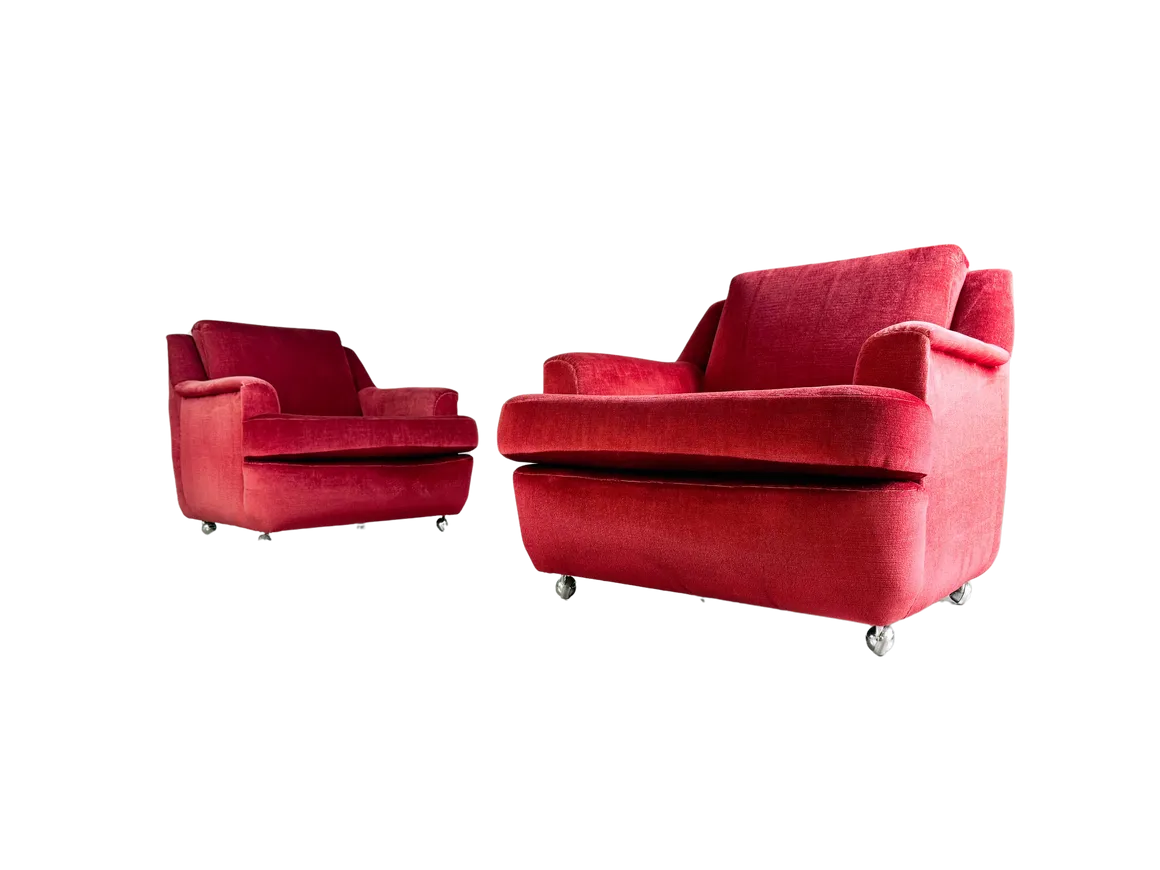 Set Of 2 Mid Century Vintage Armchairs Red Velvet Retro