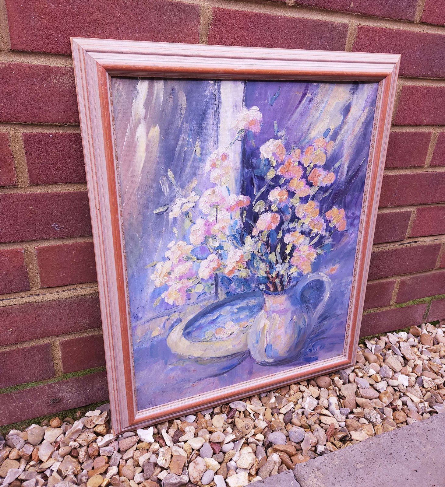 Mid Century Framed Oil On Board Of Floral Bouquet Entitled 'The Gift photo for sale