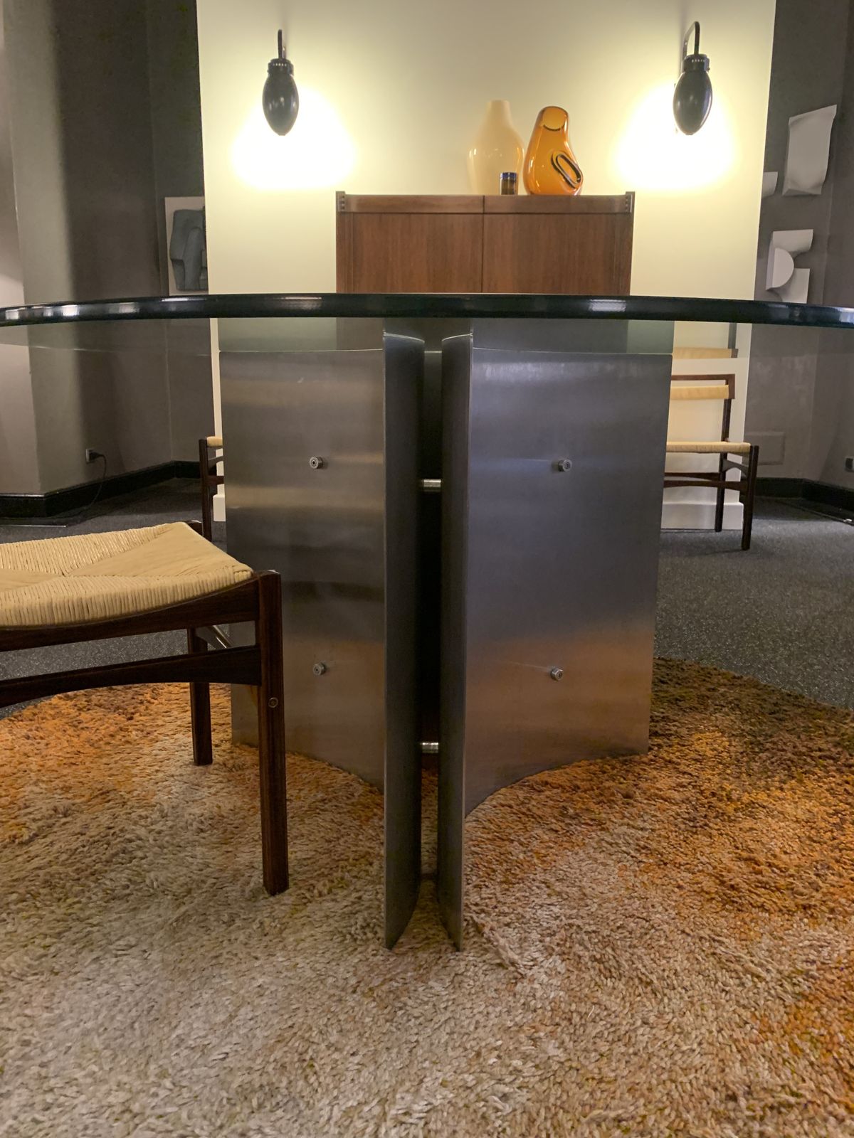 Furniture Michel Boyer, Circular Dining Table In Steel And Glass, France, 1970s photo