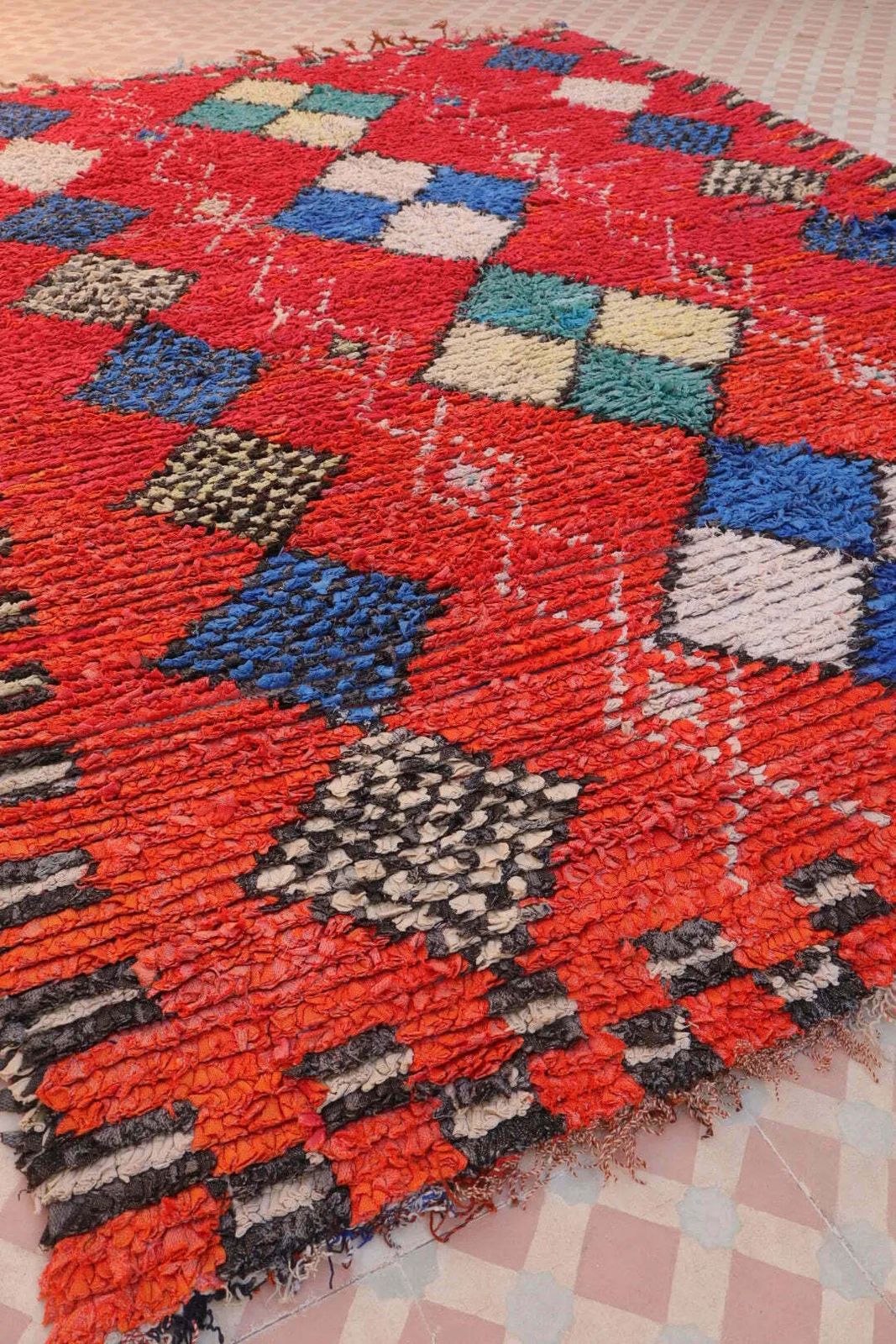 Red Boucherouite Berber Carpet   215 X 150 Cm photo 363.0