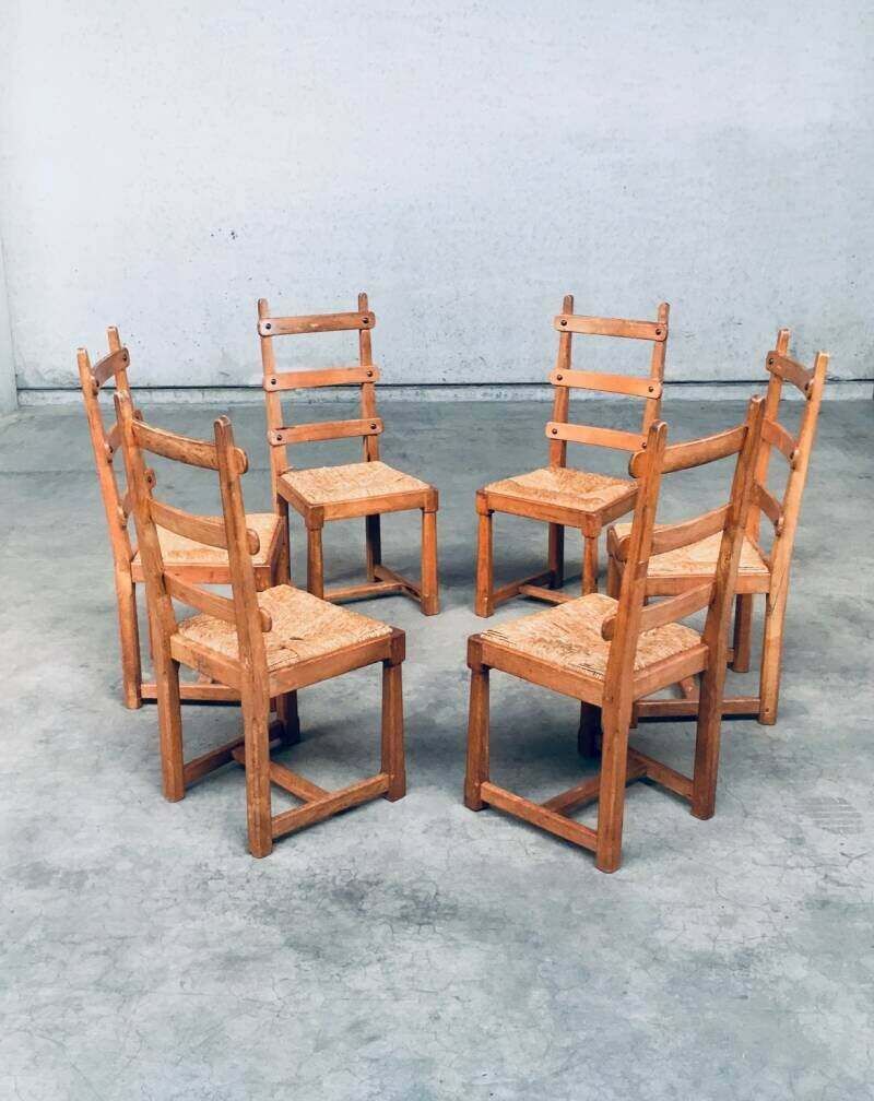 Rustieke Brutalist Design Eiken Lattenrug Eetkamerstoelen, België Jaren 1960 photo for sale