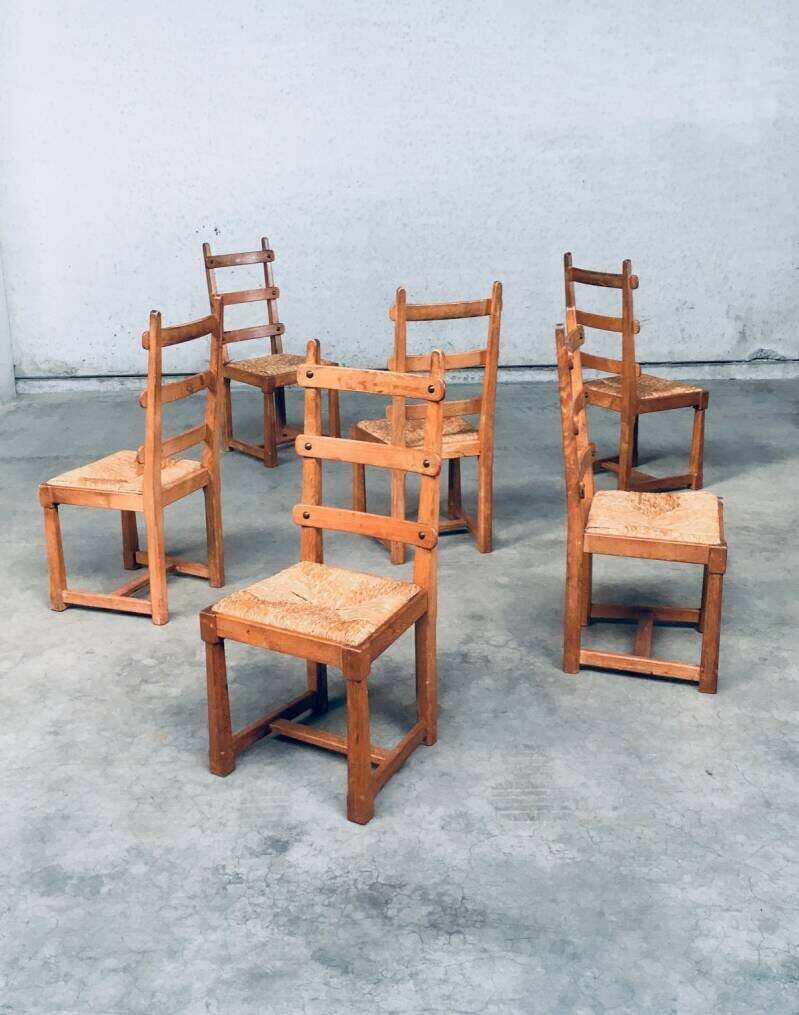 Rustieke Brutalist Design Eiken Lattenrug Eetkamerstoelen, België Jaren 1960 photo Meubels