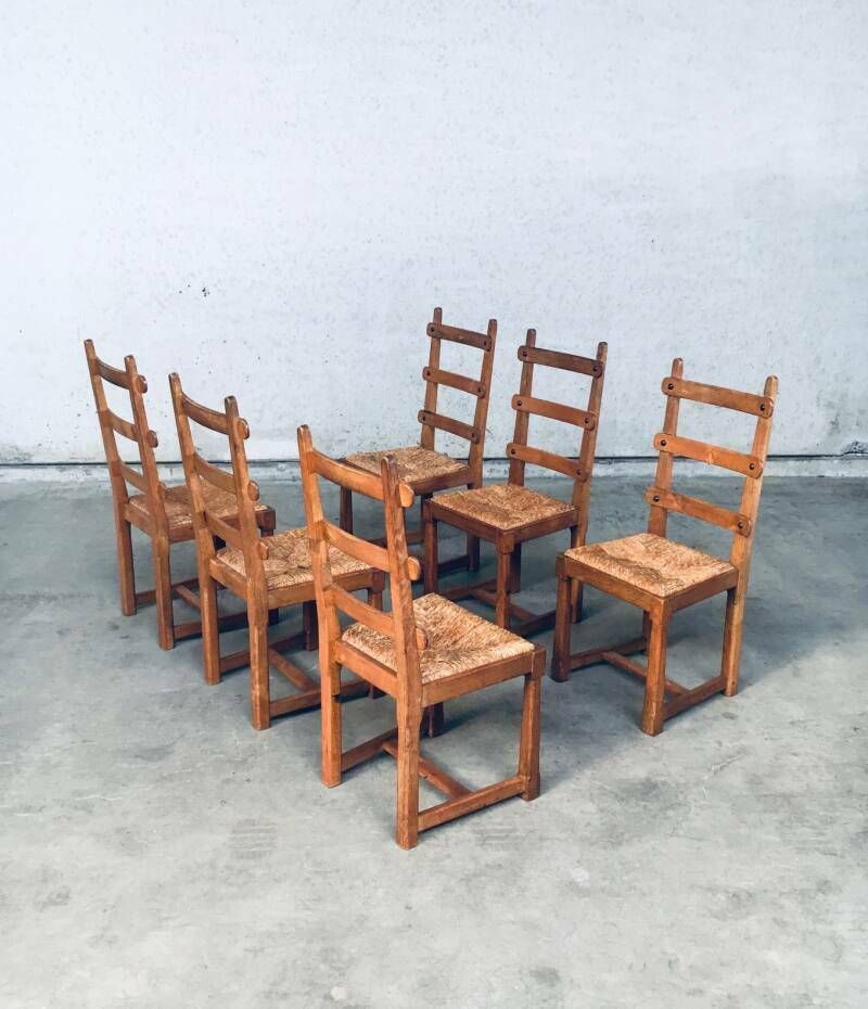 Rustieke Brutalist Design Eiken Lattenrug Eetkamerstoelen, België Jaren 1960 photo vintage