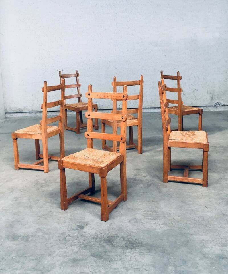 photo for sale Rustieke Brutalist Design Eiken Lattenrug Eetkamerstoelen, België Jaren 1960