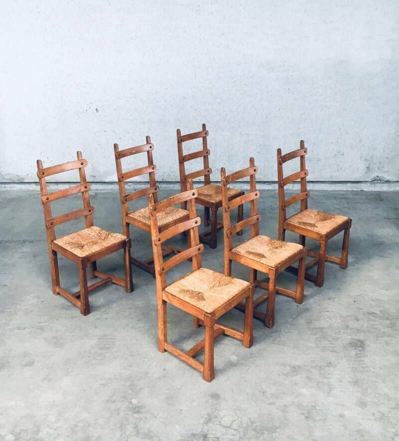 1450.0 Rustieke Brutalist Design Eiken Lattenrug Eetkamerstoelen, België Jaren 1960 photo