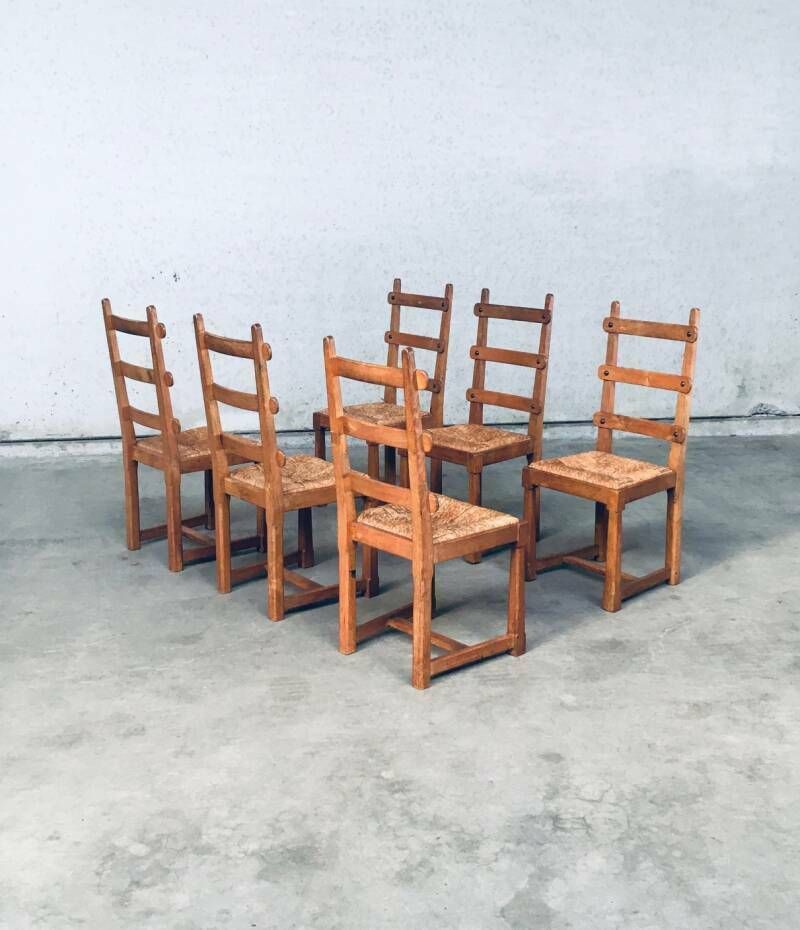 photo vinterior Rustieke Brutalist Design Eiken Lattenrug Eetkamerstoelen, België Jaren 1960
