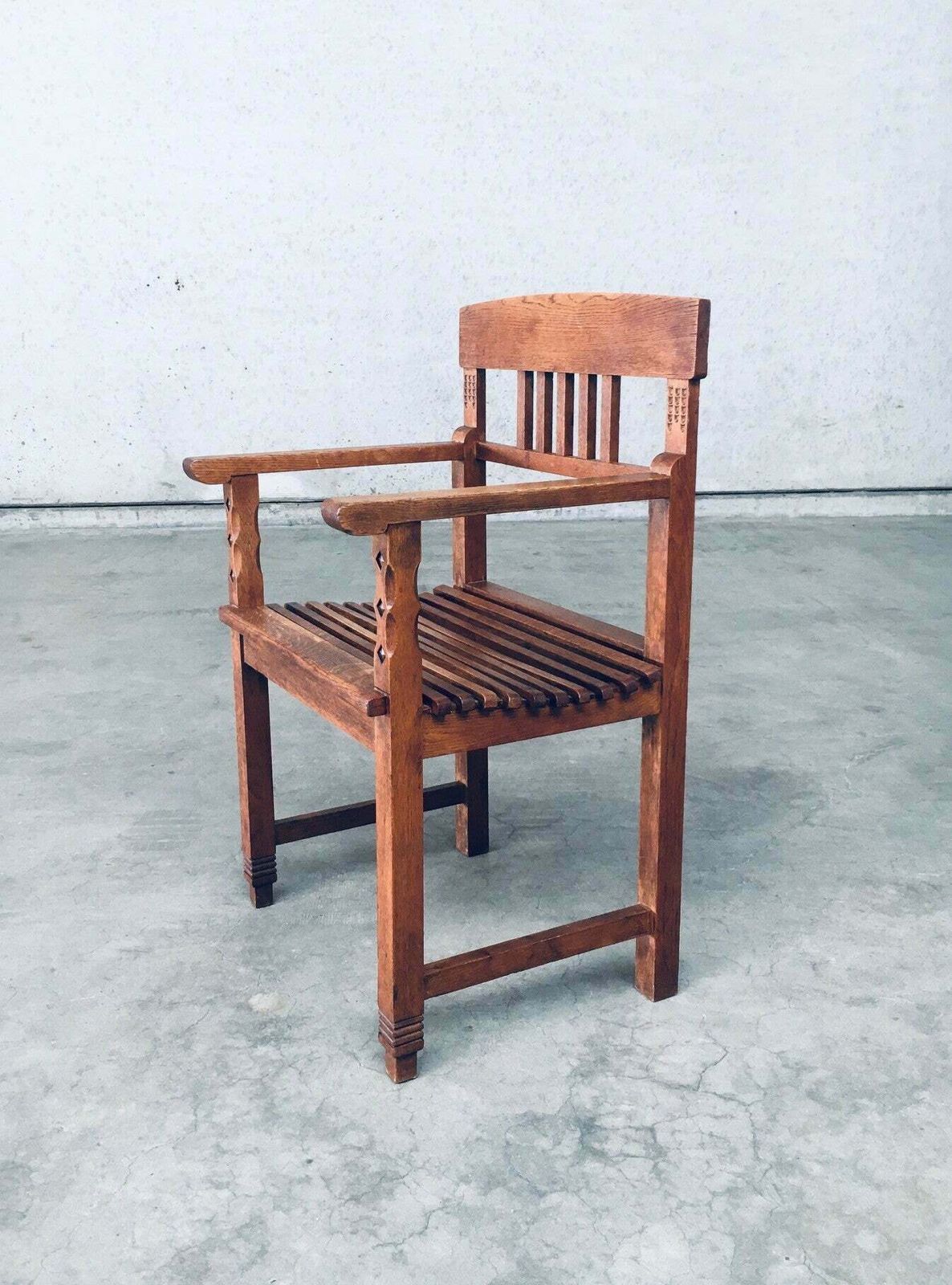 Dutch Modernism Design Carved Oak Arm Side Chair, Netherlands 1920's photo vinterior