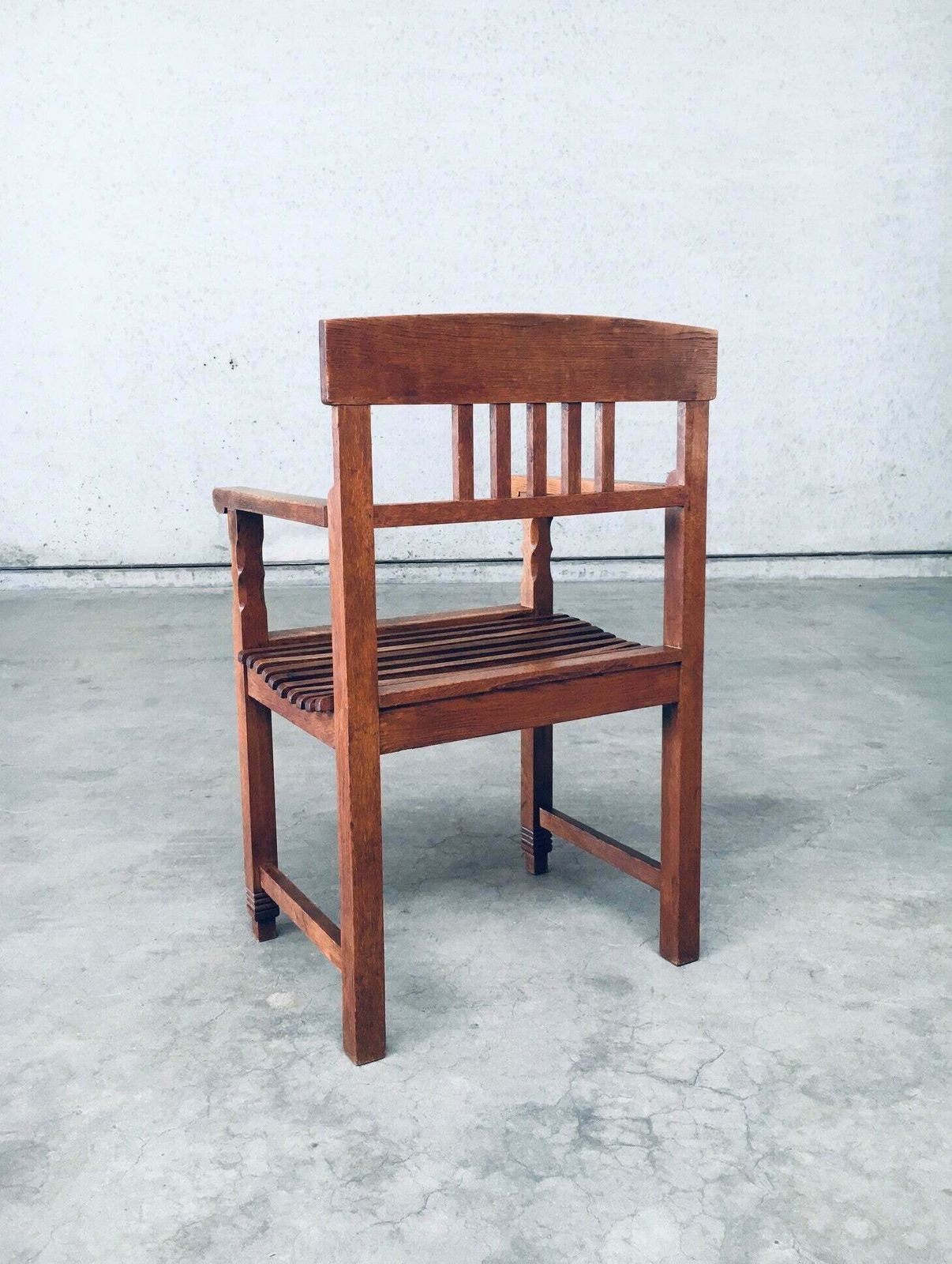 Dutch Modernism Design Carved Oak Arm Side Chair, Netherlands 1920's photo vintage