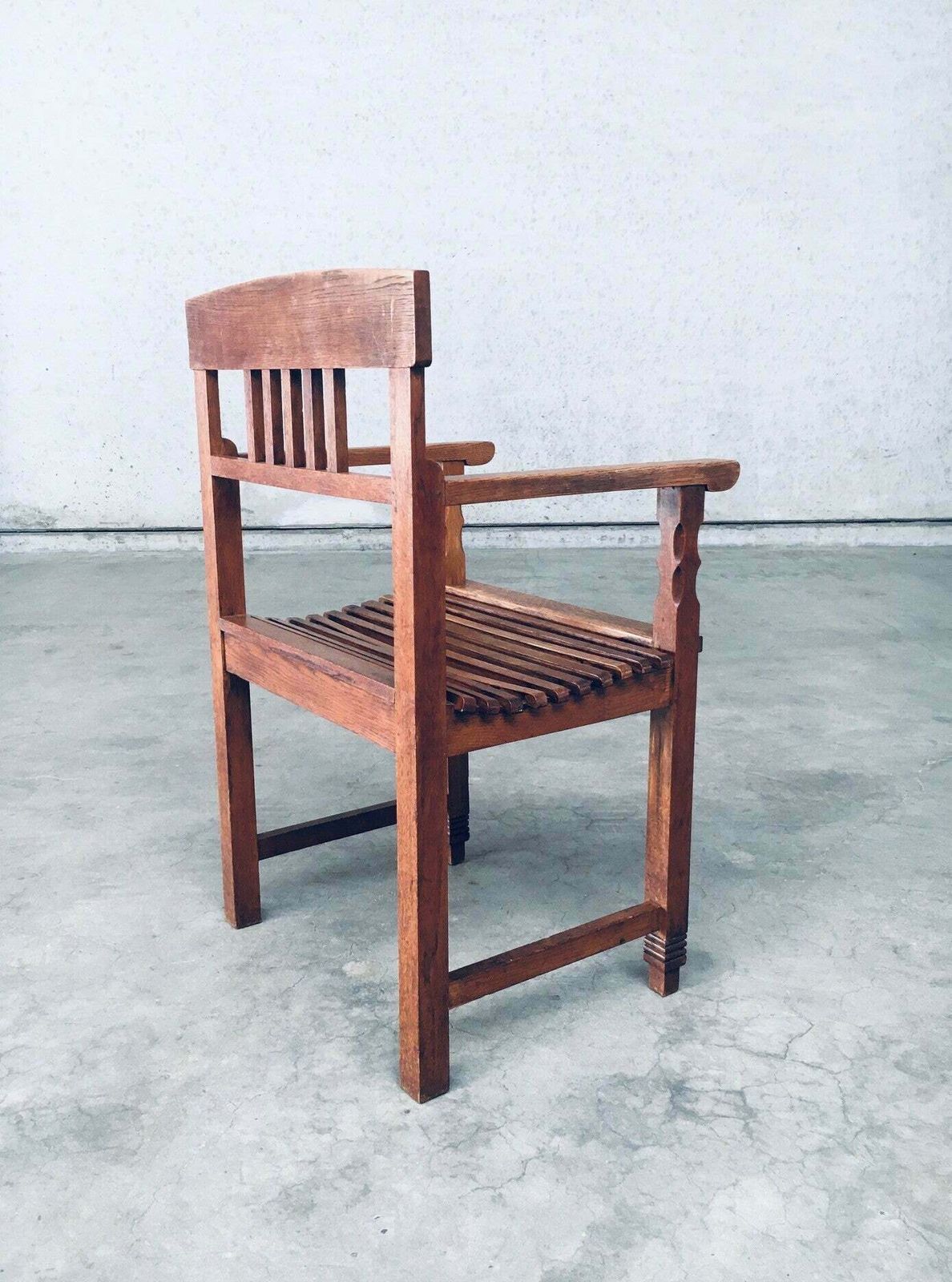 photo furniture Dutch Modernism Design Carved Oak Arm Side Chair, Netherlands 1920's