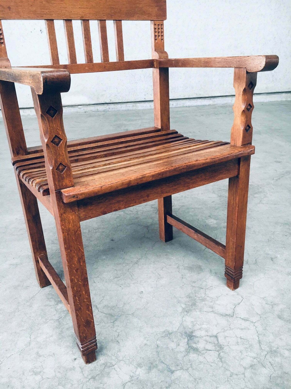 Furniture Dutch Modernism Design Carved Oak Arm Side Chair, Netherlands 1920's photo