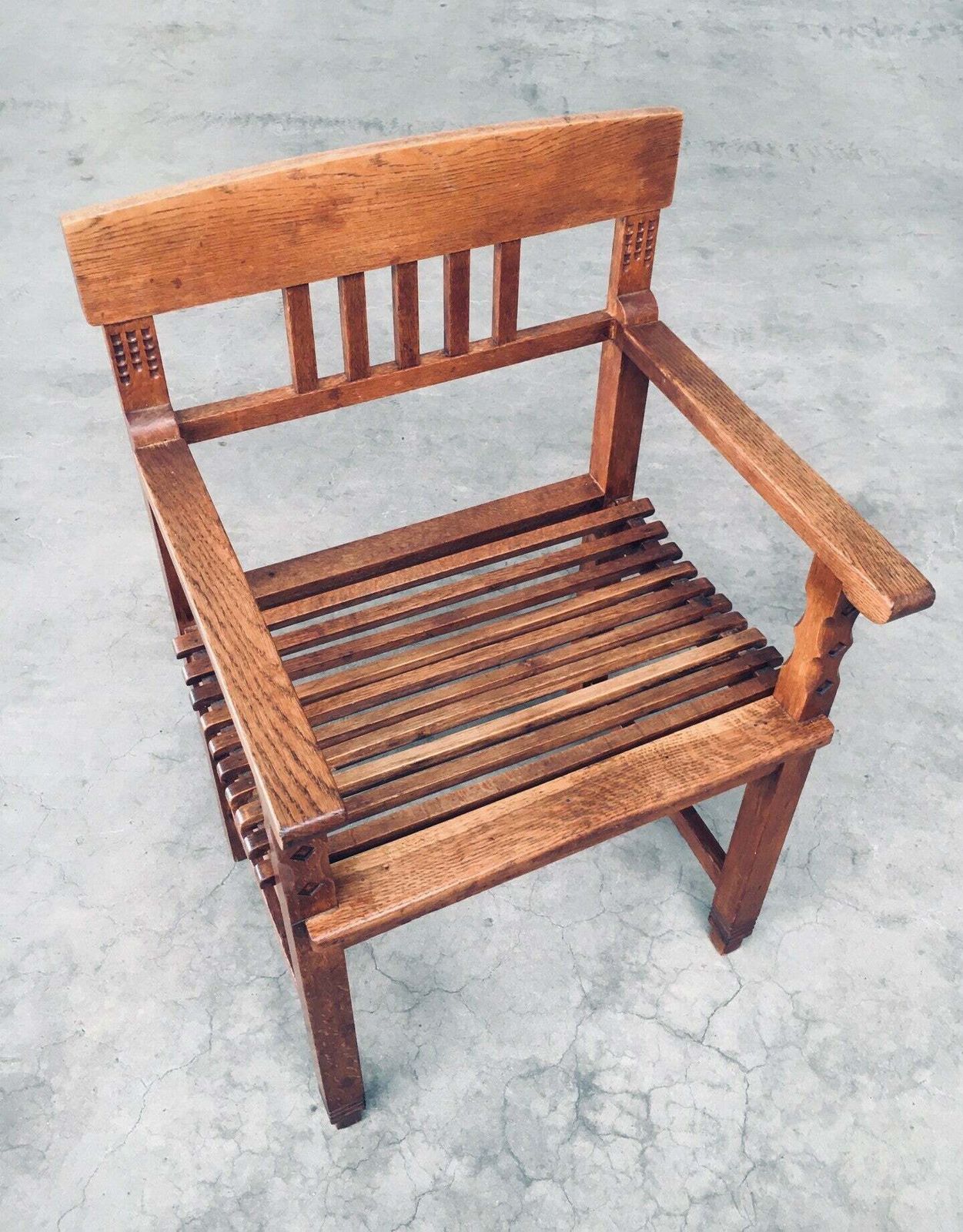 685.0 Dutch Modernism Design Carved Oak Arm Side Chair, Netherlands 1920's photo