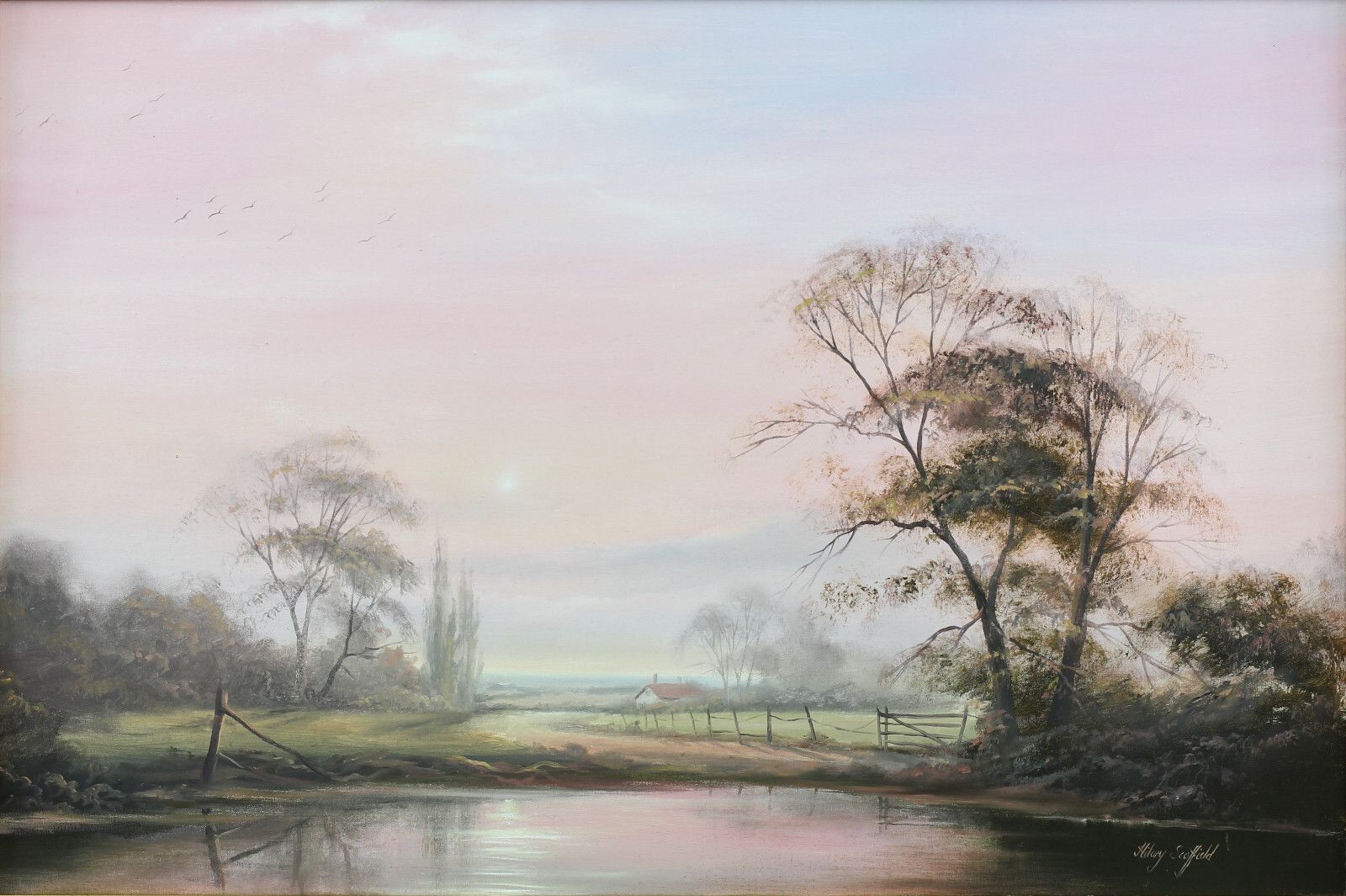 Oil On Canvas By Hilary Scoffield. Pastoral Scene At Sunrise. photo Art