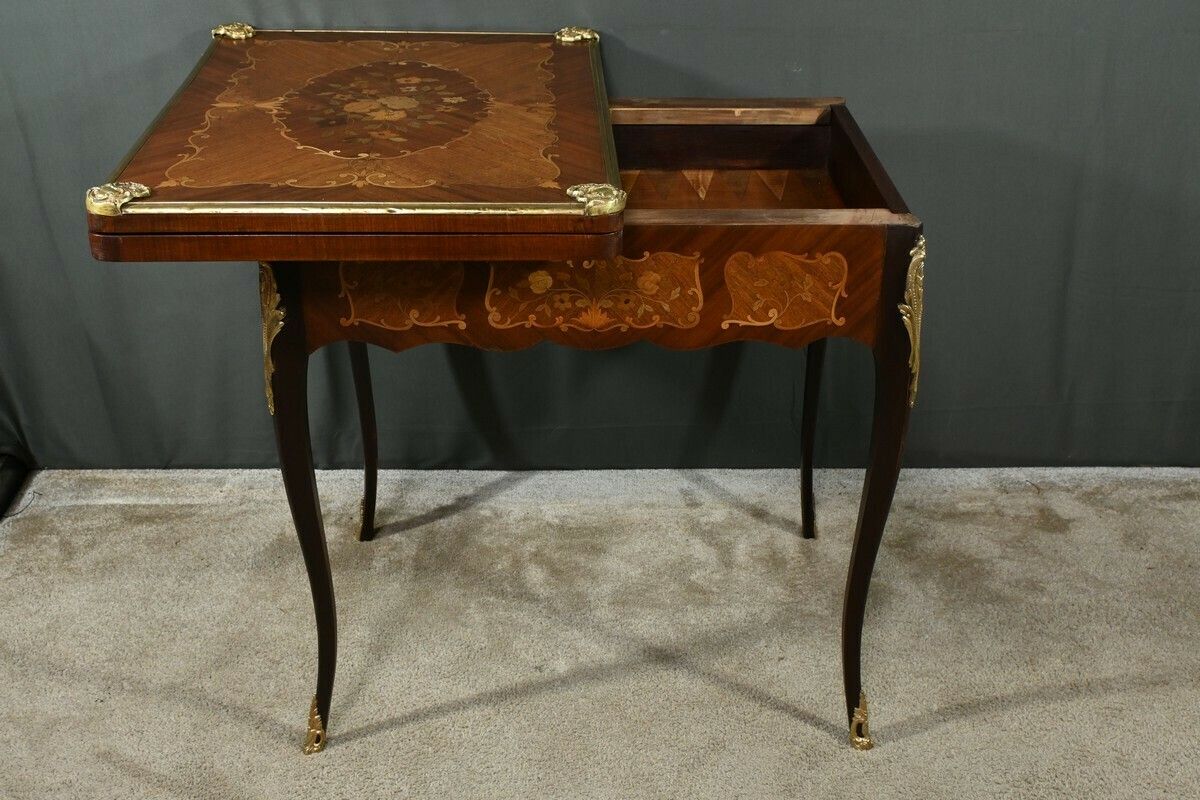 Mahogany Games Table, Louis XV/Louis XVI Transition Style – Late 19th Century photo vinterior