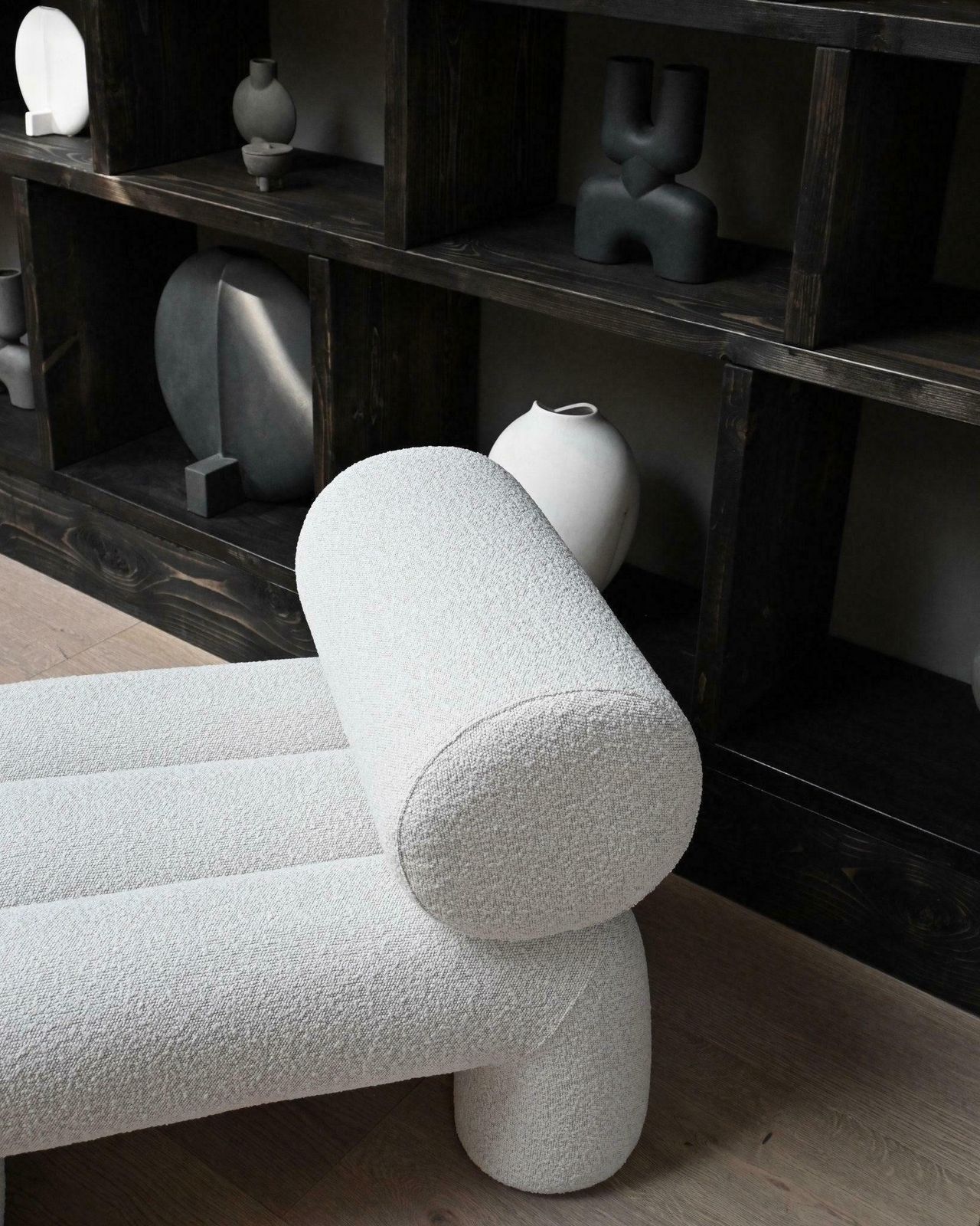 photo for sale Pair Of Contemporary Armchairs, Model Foku, Off White Colour, Curly Fabric .