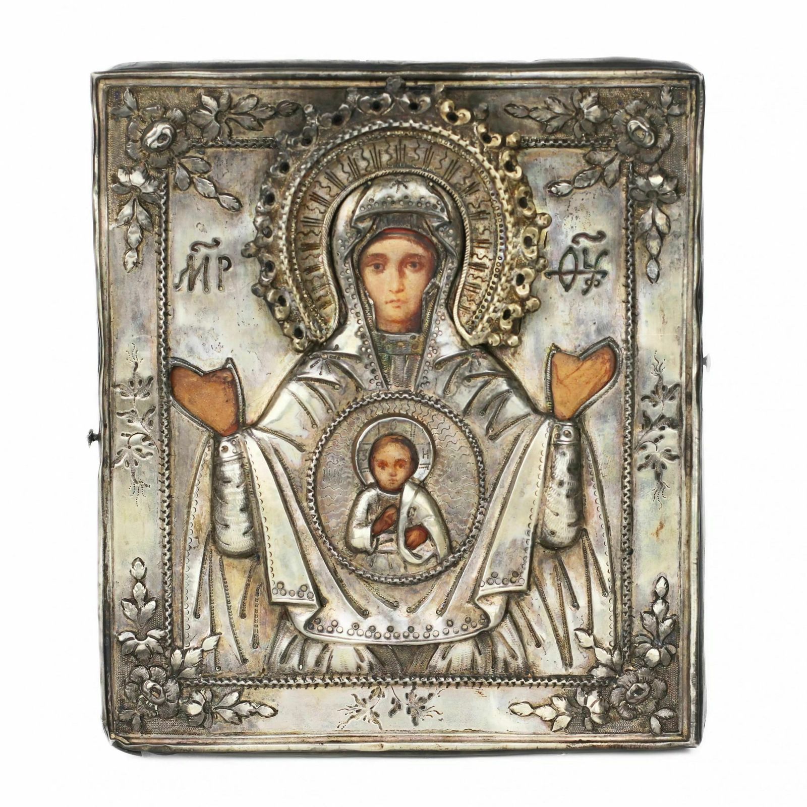 Novgorod Icon Of The Mother Of God The Sign In A Silver Frame. Russia. 19th Century