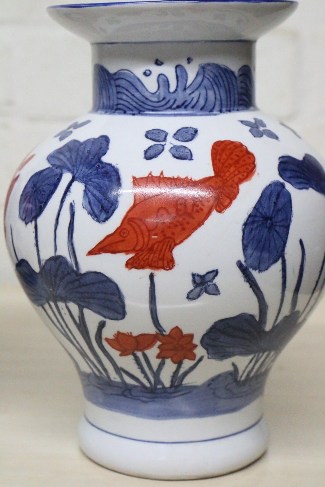 A Pair Of Chinese Ceramic Vases Aquatic Blue & White Orange Fish Koi Decorative photo vinterior