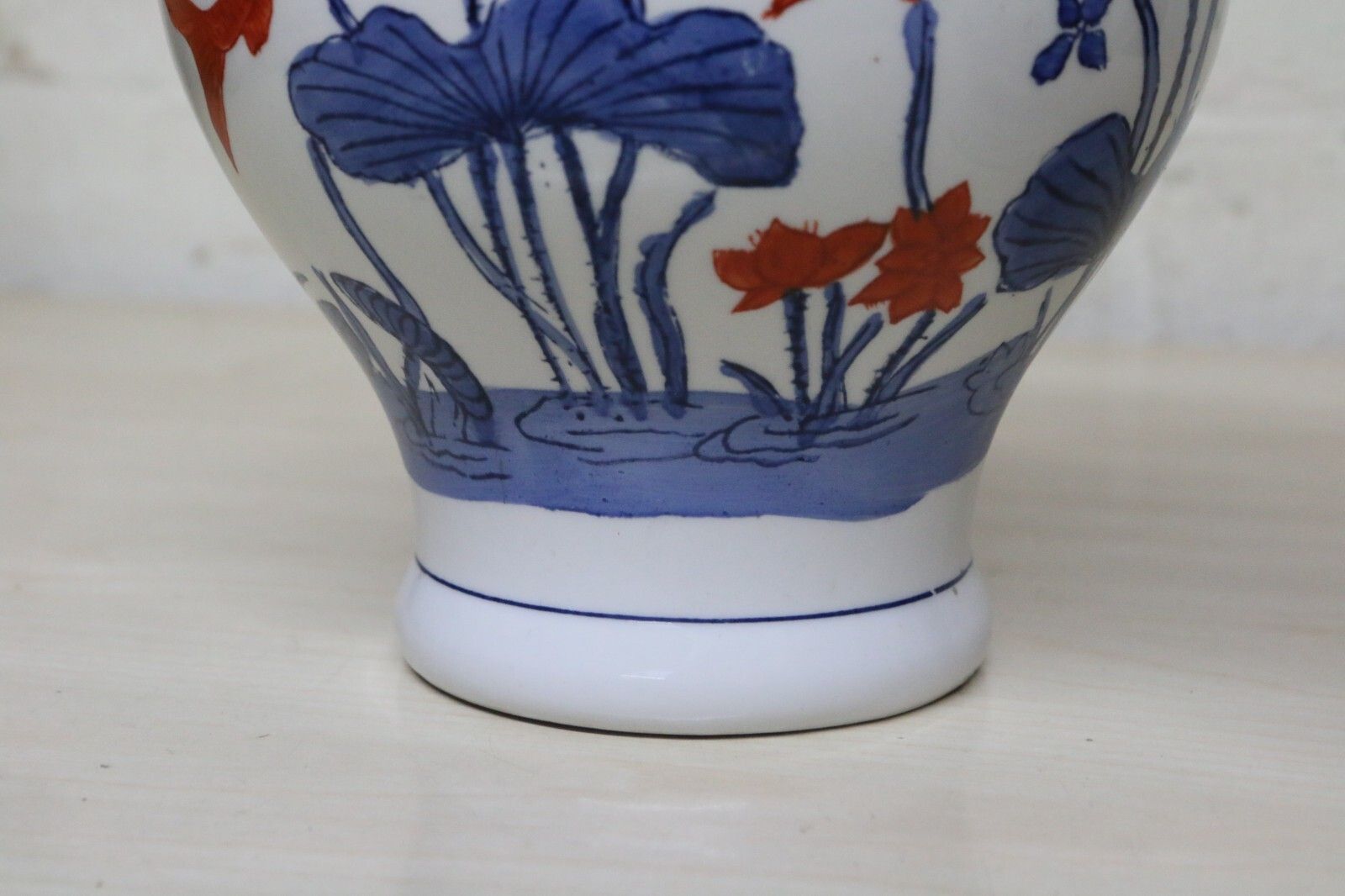 photo for sale A Pair Of Chinese Ceramic Vases Aquatic Blue & White Orange Fish Koi Decorative