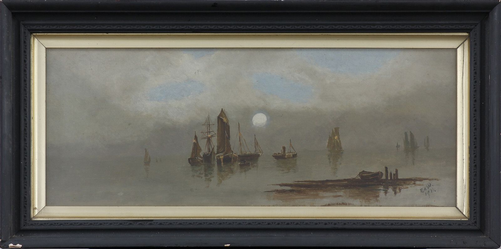 Oil On Board Behind Glass By Ernest Albert Waterlow. Boats Moored. photo Art
