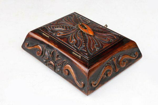 Art Deco French Sewing Box In Sculpted Wood, 1890s photo for sale