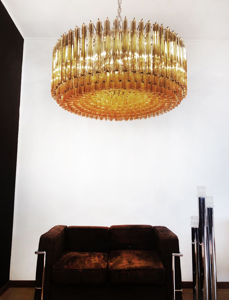Large Triedri Murano Glass Chandelier   391 Prims Clear Amber photo vintage