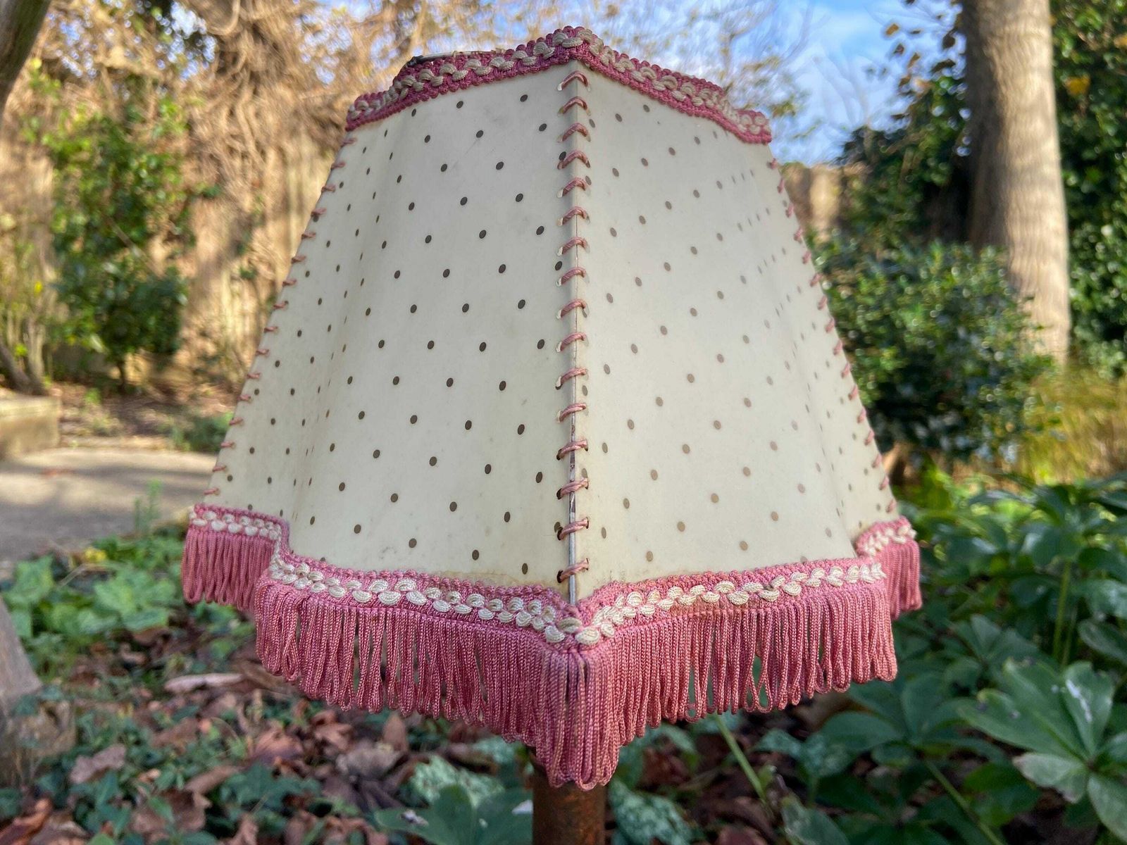 Vintage 1920s Cream Mica Or Celluloid Table Lamp Shade With Gold Polka Dots, Pink Thread, And Fringe – Unusual Shape With Curved Sides photo for sale