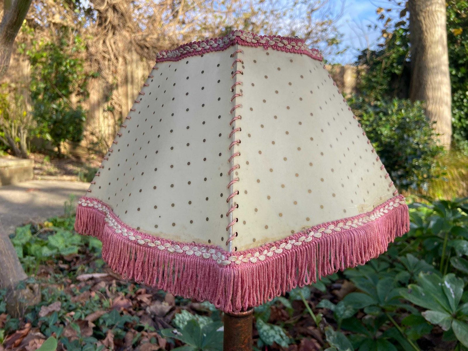 Vintage 1920s Cream Mica Or Celluloid Table Lamp Shade With Gold Polka Dots, Pink Thread, And Fringe – Unusual Shape With Curved Sides photo vinterior