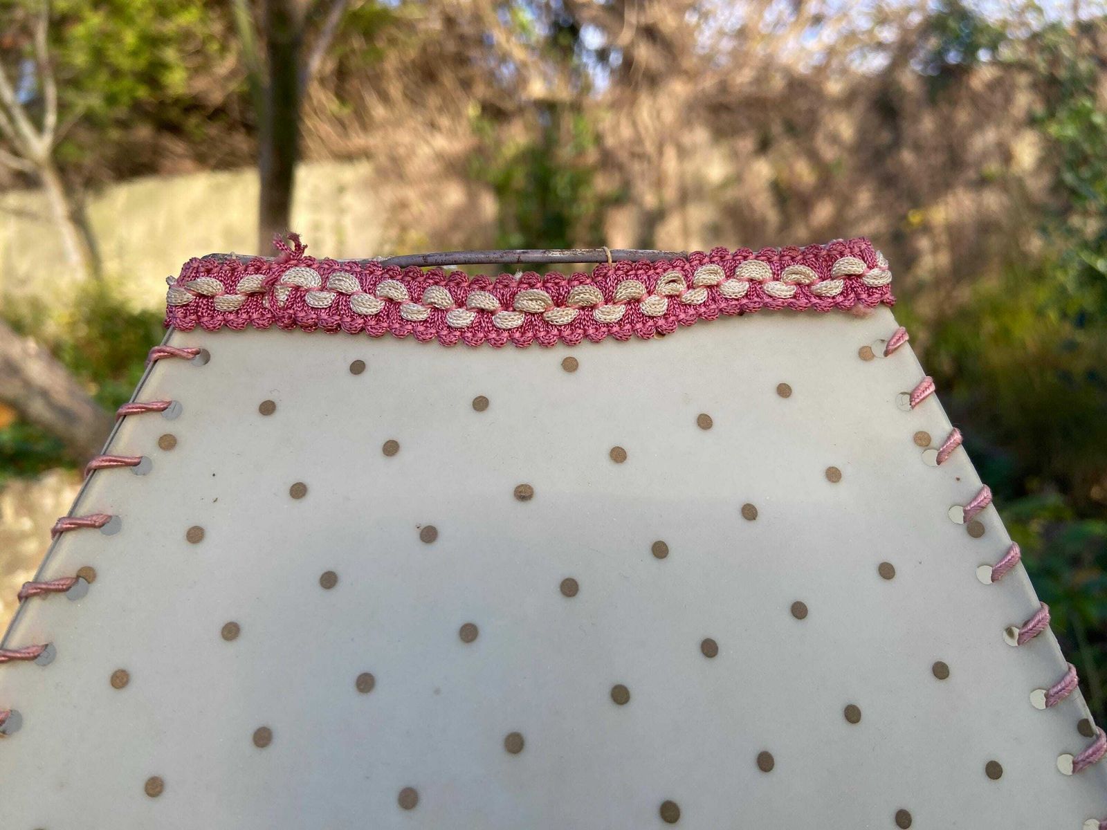 Vintage 1920s Cream Mica Or Celluloid Table Lamp Shade With Gold Polka Dots, Pink Thread, And Fringe – Unusual Shape With Curved Sides photo vintage