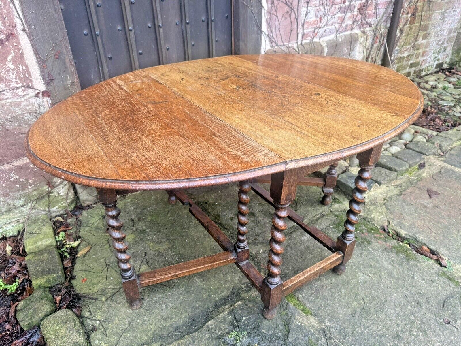 Antique English Barley Twist  Oak Rustic Farmhouse Gateleg Dining Kitchen Table photo 449.0