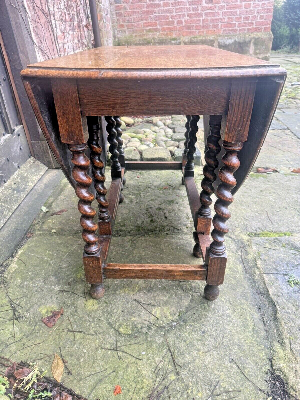 Antique English Barley Twist  Oak Rustic Farmhouse Gateleg Dining Kitchen Table photo vintage