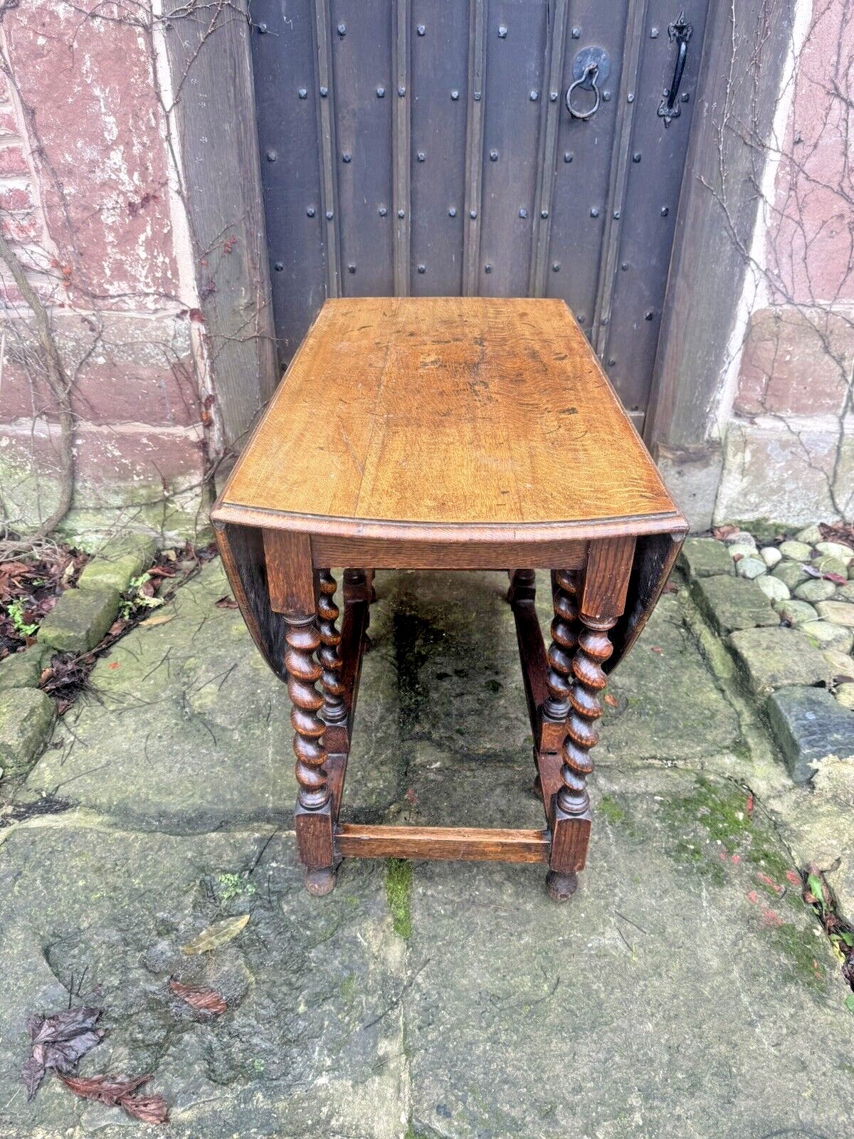 449.0 Antique English Barley Twist  Oak Rustic Farmhouse Gateleg Dining Kitchen Table photo