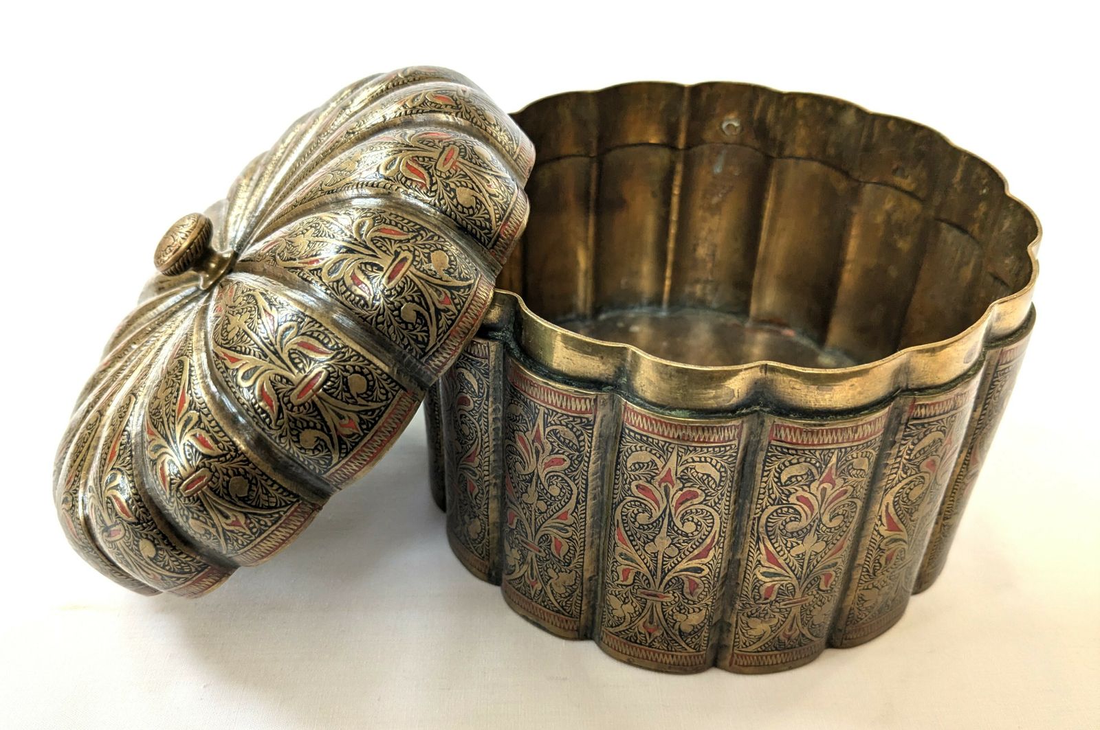 photo for sale Antique Islamic Indian Mughal Style Engraved Brass Betalnut Pandan Box