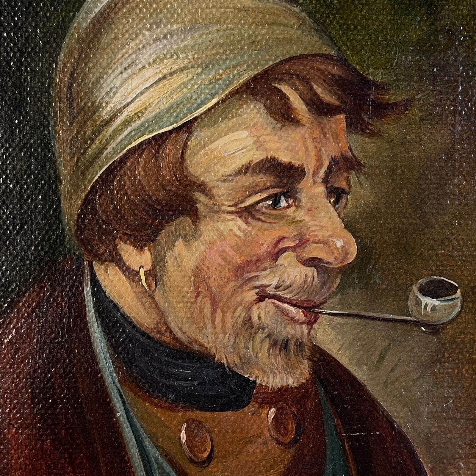 Antique Painting Portrait "Man In A Nightcap With A Pipe" By G. Schill, Canvas, Oil, 1930s photo furniture