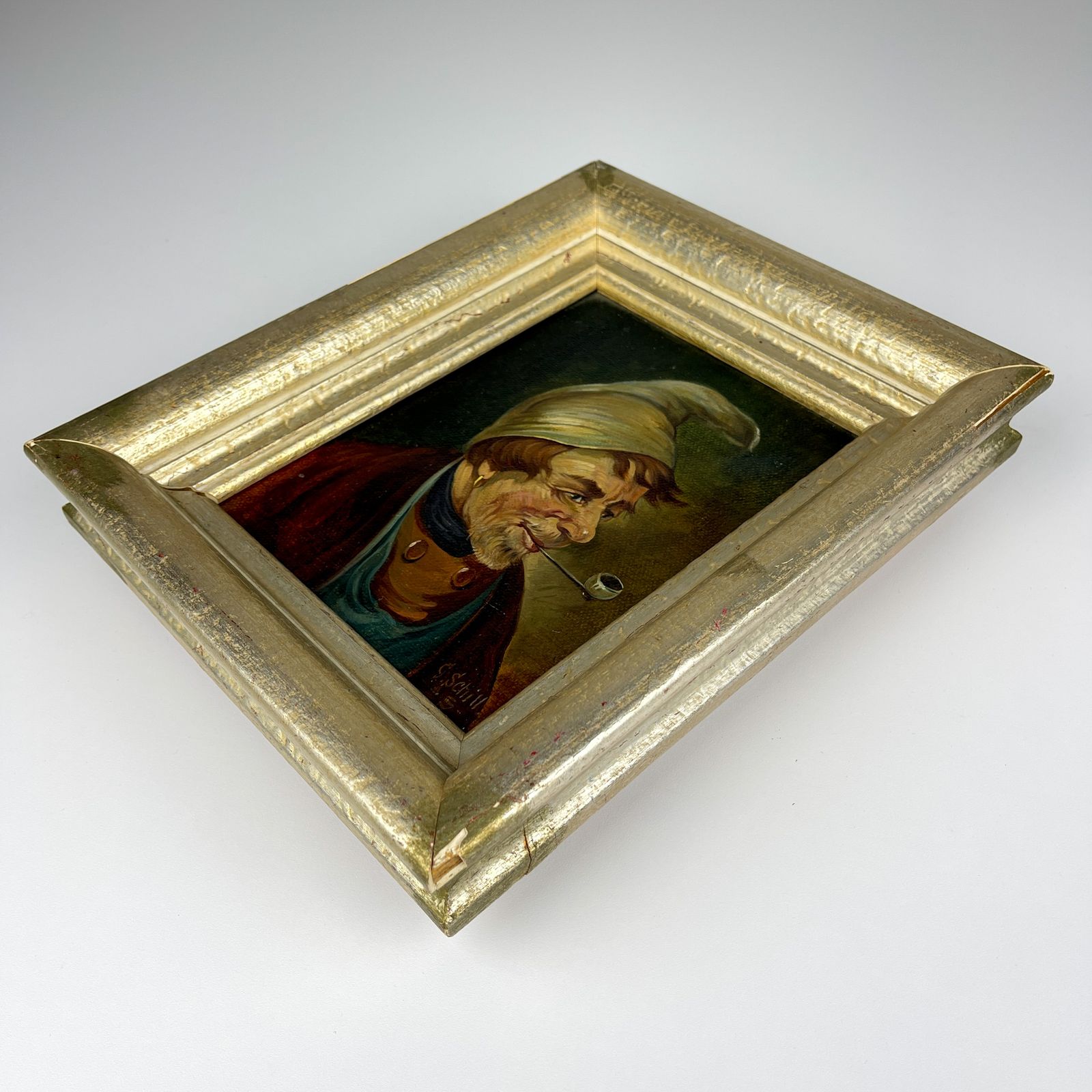 Antique Painting Portrait "Man In A Nightcap With A Pipe" By G. Schill, Canvas, Oil, 1930s photo vintage