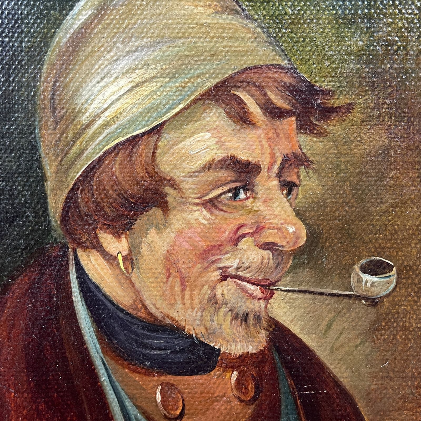 620.0 Antique Painting Portrait "Man In A Nightcap With A Pipe" By G. Schill, Canvas, Oil, 1930s photo