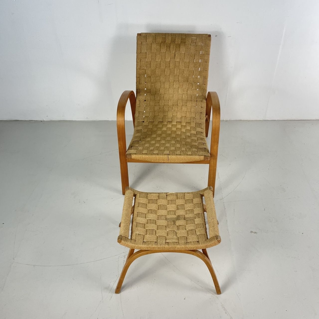 Mid Century Italian Wood And Chord Lounge Chair With Ottoman photo for sale