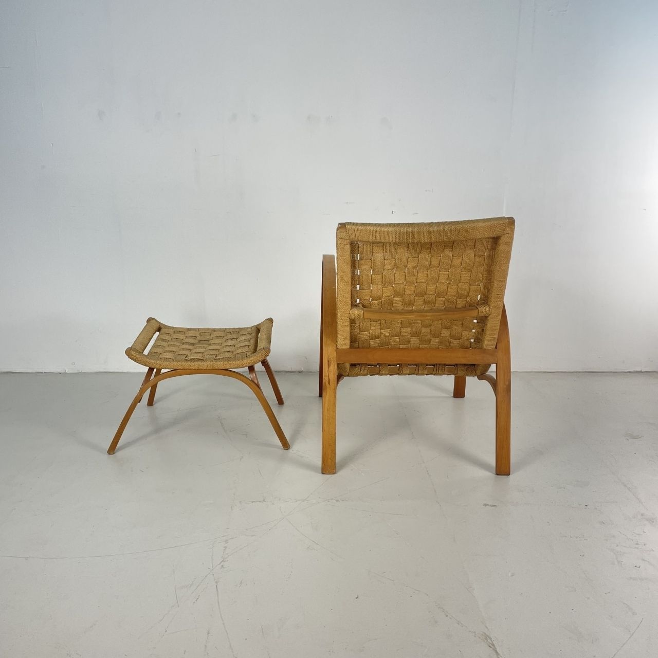 Mid Century Italian Wood And Chord Lounge Chair With Ottoman photo vinterior