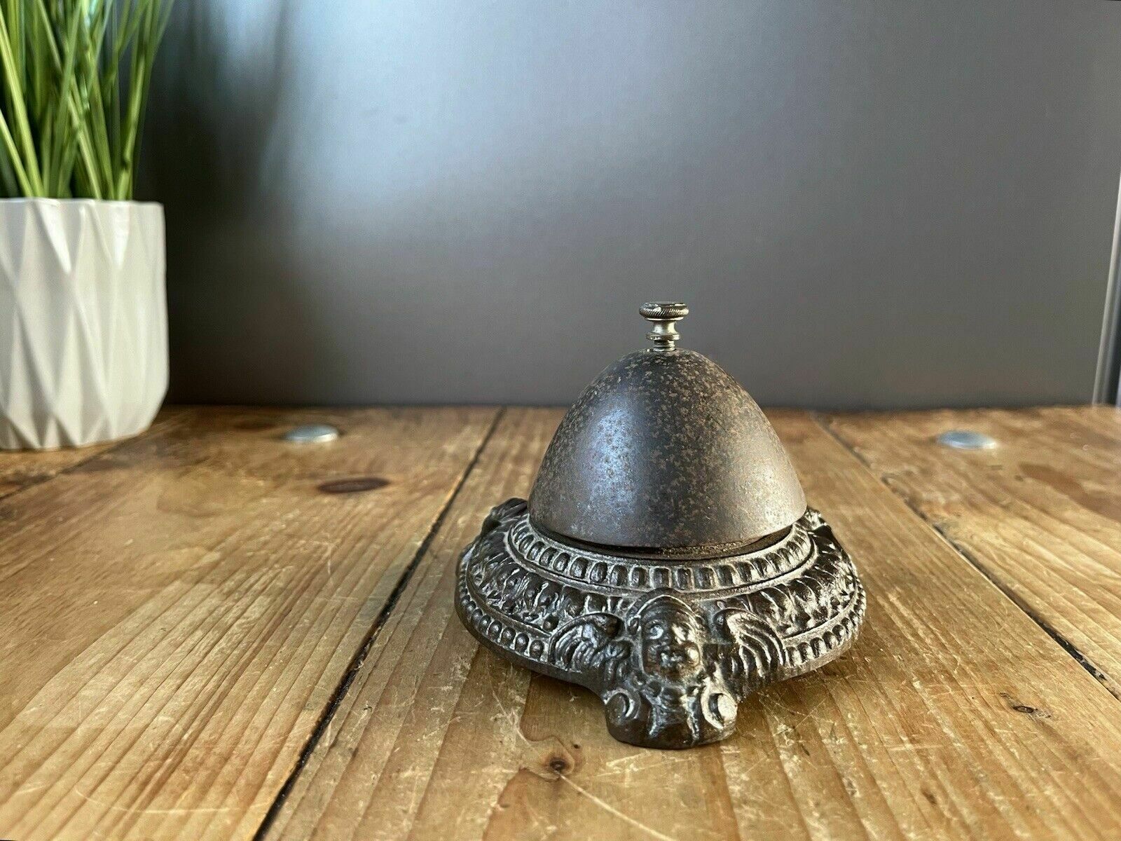 Antique Winged Cherub Reception Desk Twist Top Bell Shop Hotel Service Counter photo 99.0