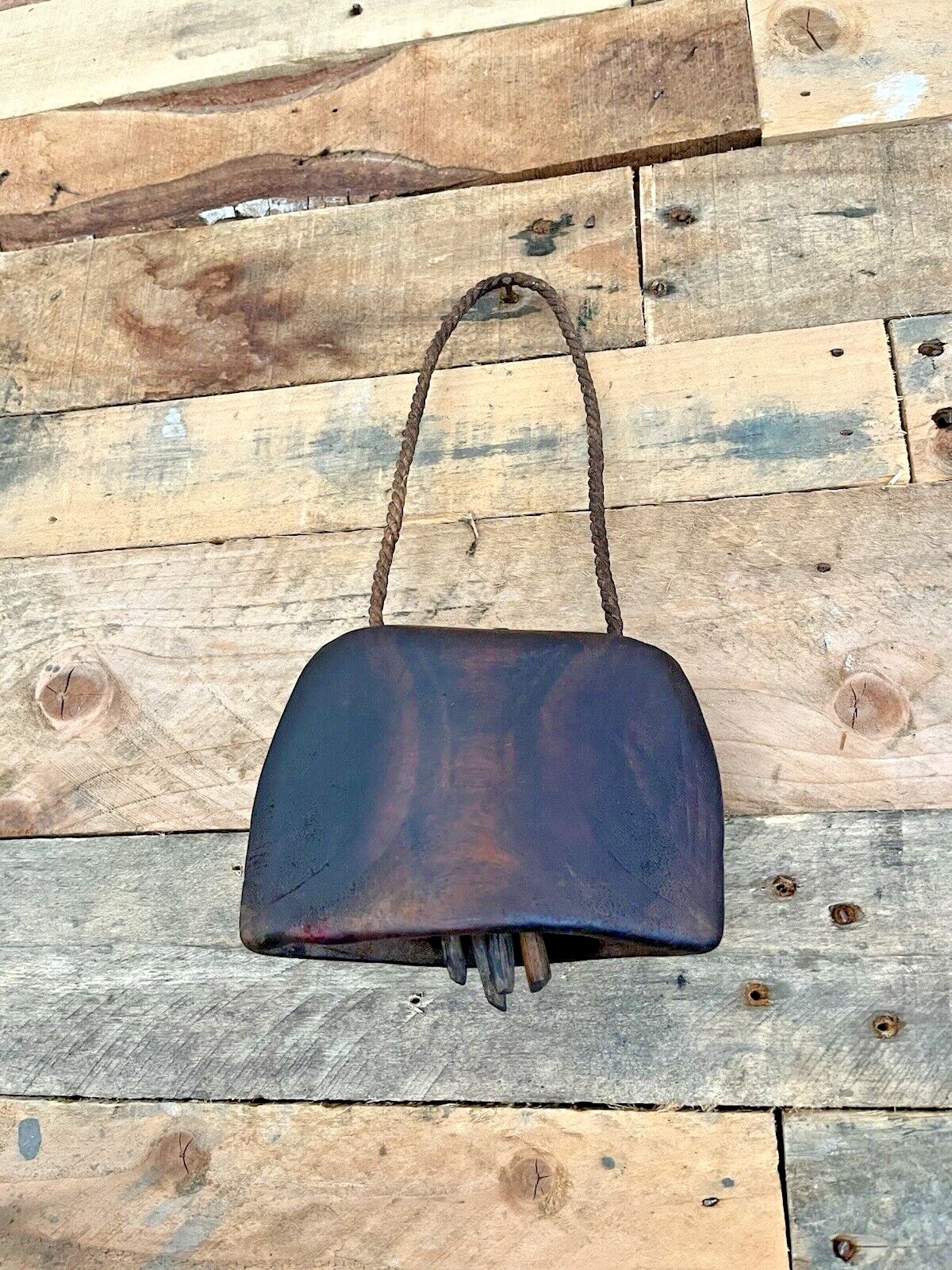 Antique C1900 Primitive Wooden Hand Carved Cow Bell Ringer Alpine Rustic Farm