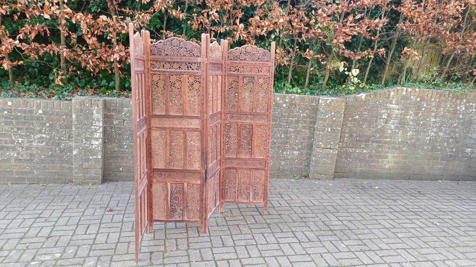 Vintage 1970s/80s Handcrafted Hardwood Vanity Screen Room Divider With Intricate Grapevine Carvings photo furniture