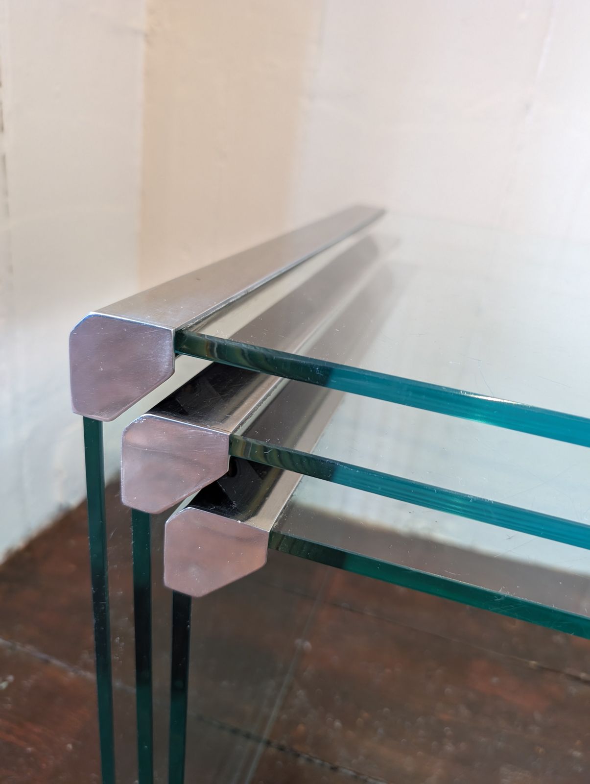 Set Of 3 Vintage Glass & Steel Nesting Coffee Tables By Galotti & Radice Italy 1970s photo vinterior