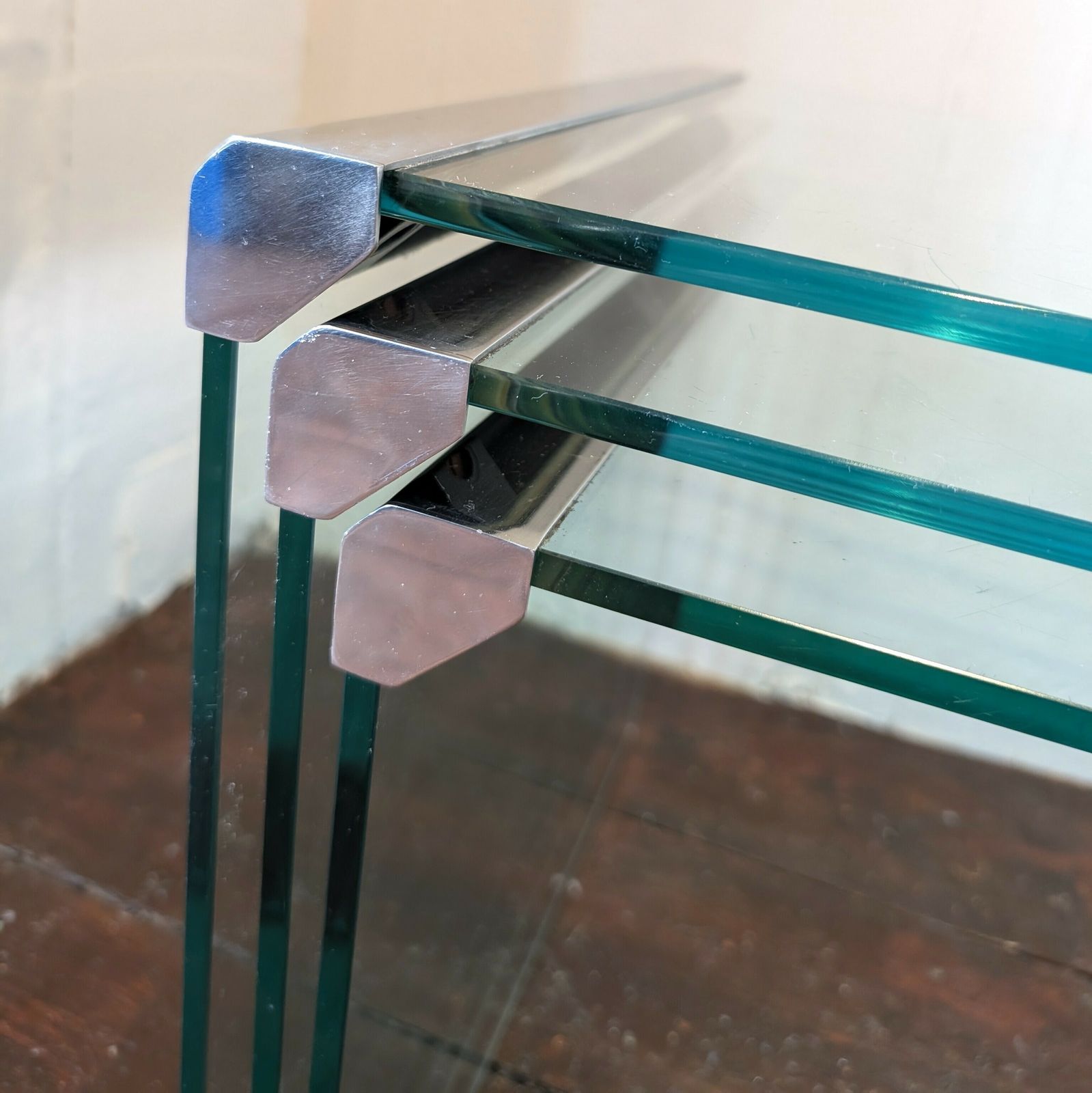 Set Of 3 Vintage Glass & Steel Nesting Coffee Tables By Galotti & Radice Italy 1970s photo vintage