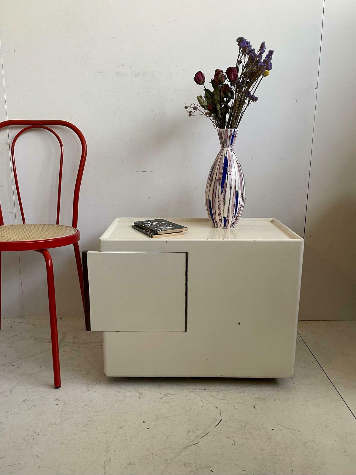 Vintage Wooden Modernist Rolling Storage Unit Side Table With Drawers For Craft Arts Or Sewing photo Furniture