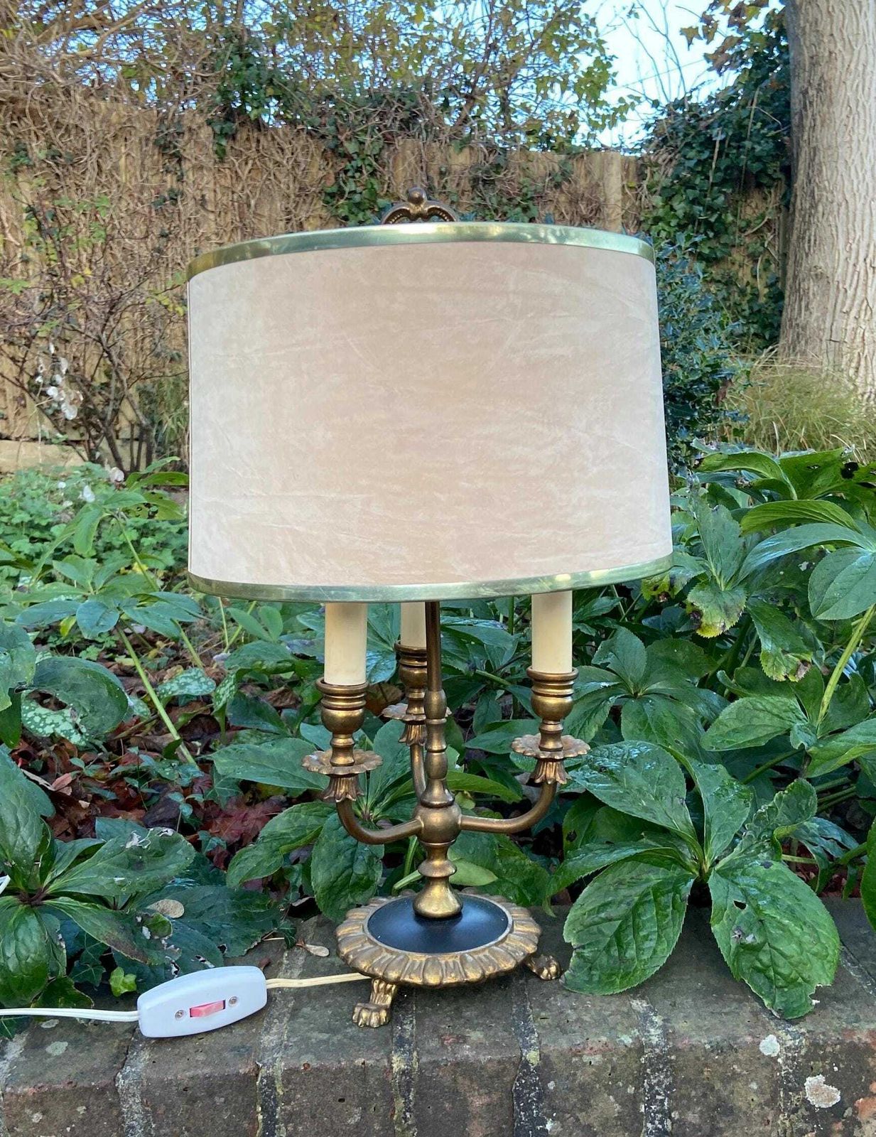 Antique French Bouilotte 3 Armed Brass Office Table Lamp, Heavy Quality, Newer Vintage Shade, Ebony Black Detailed Base With Lion Paw Feet