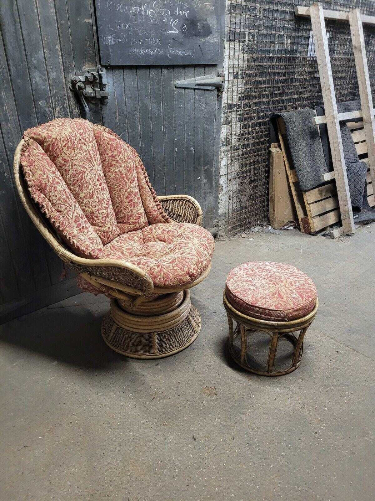 Bamboo Rattan Retro Vintage Mid Century Swivel Armchair And Footstool photo for sale