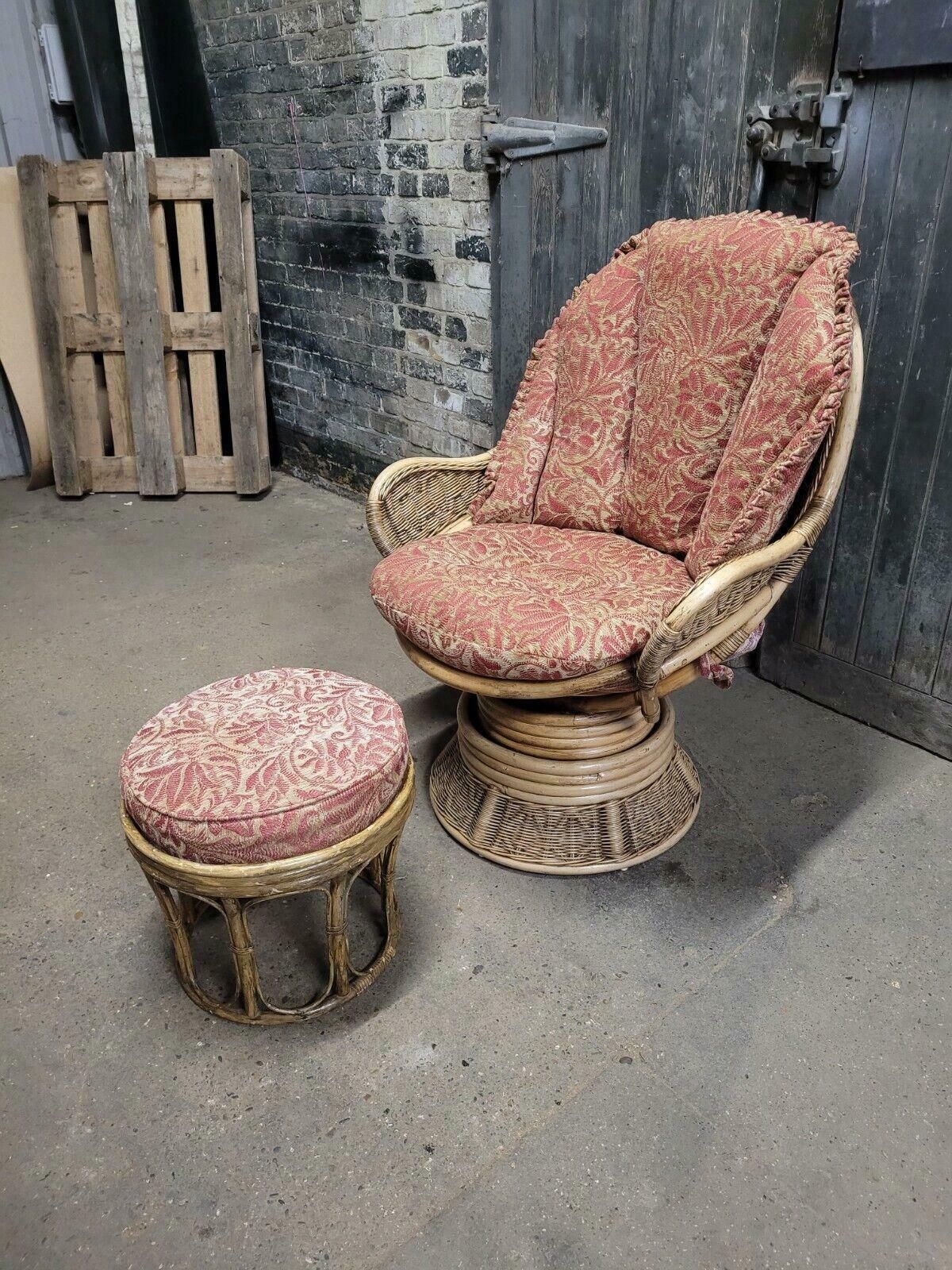 Bamboo Rattan Retro Vintage Mid Century Swivel Armchair And Footstool photo buy