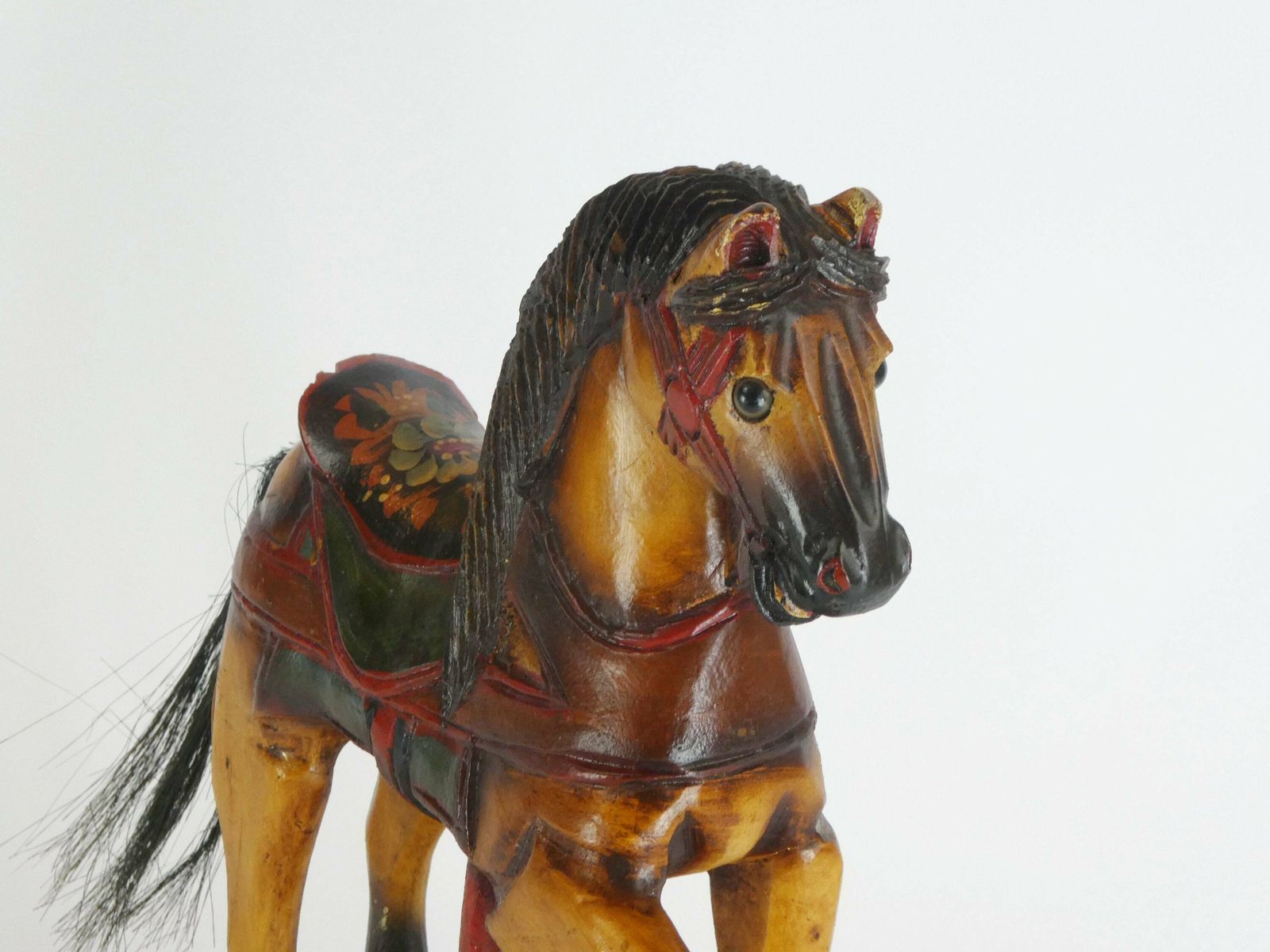 Small Antique Wooden Toy Rocking Horse With Glass Eyes, Old Animal Toy On Wheels With Leather Saddle, Horse Figurine Art Object photo 230.0