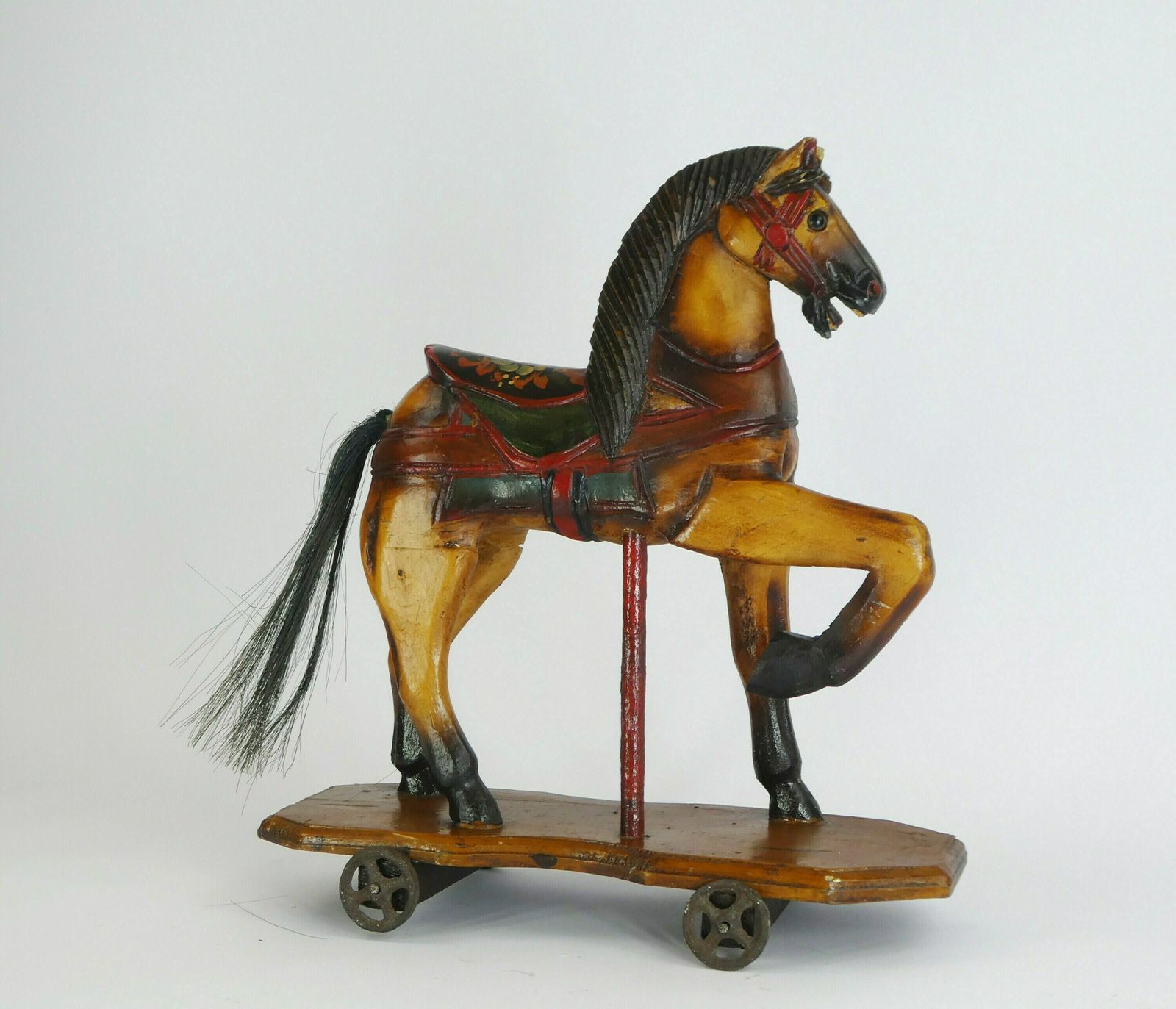 Small Antique Wooden Toy Rocking Horse With Glass Eyes, Old Animal Toy On Wheels With Leather Saddle, Horse Figurine Art Object photo buy