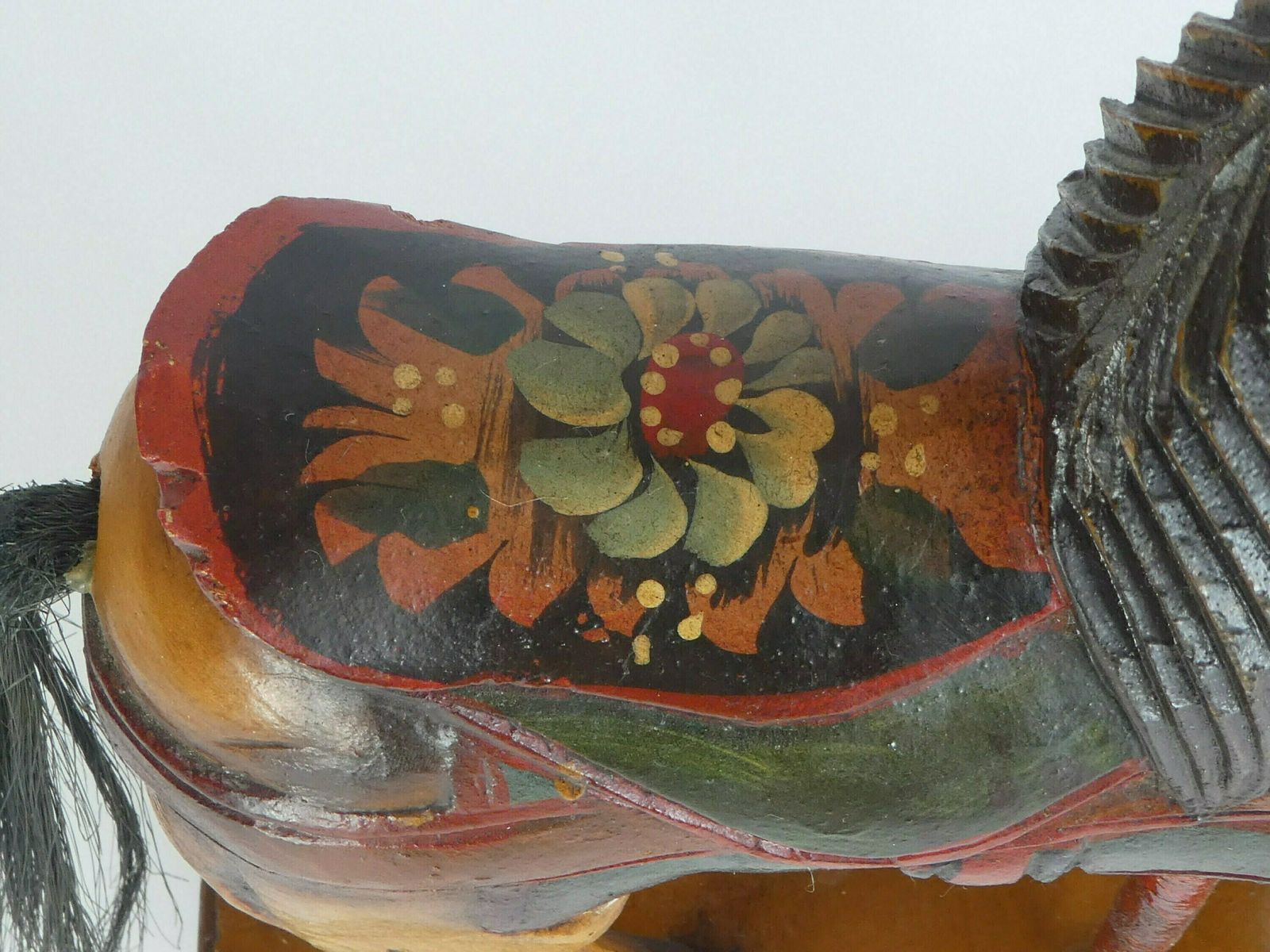 Small Antique Wooden Toy Rocking Horse With Glass Eyes, Old Animal Toy On Wheels With Leather Saddle, Horse Figurine Art Object photo vintage