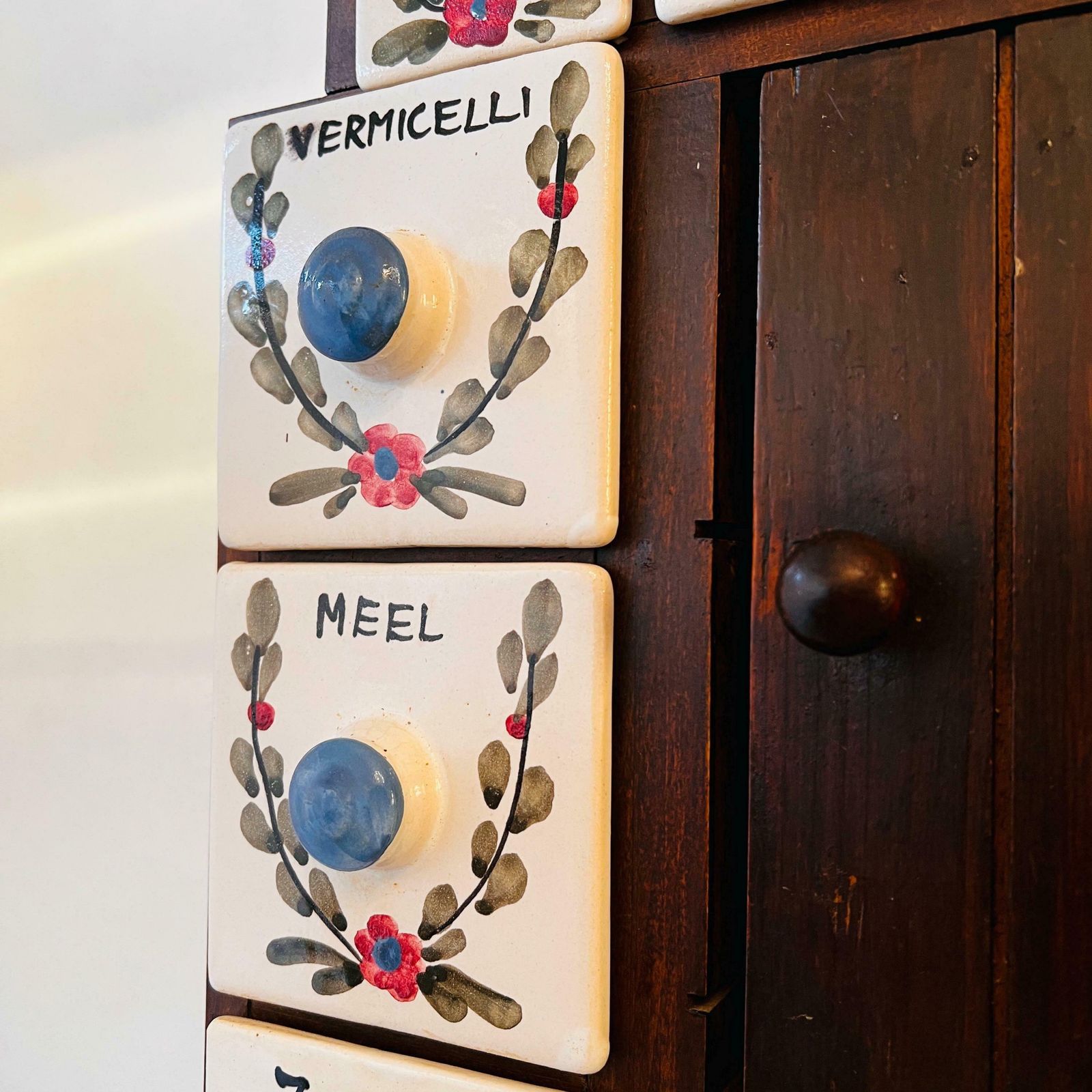 Antique Dutch Wooden Spices Cabinet Blue Ceramic Drawers 1930s Farmers Wall Cabinet Kitchen Country Style Art Deco photo Furniture